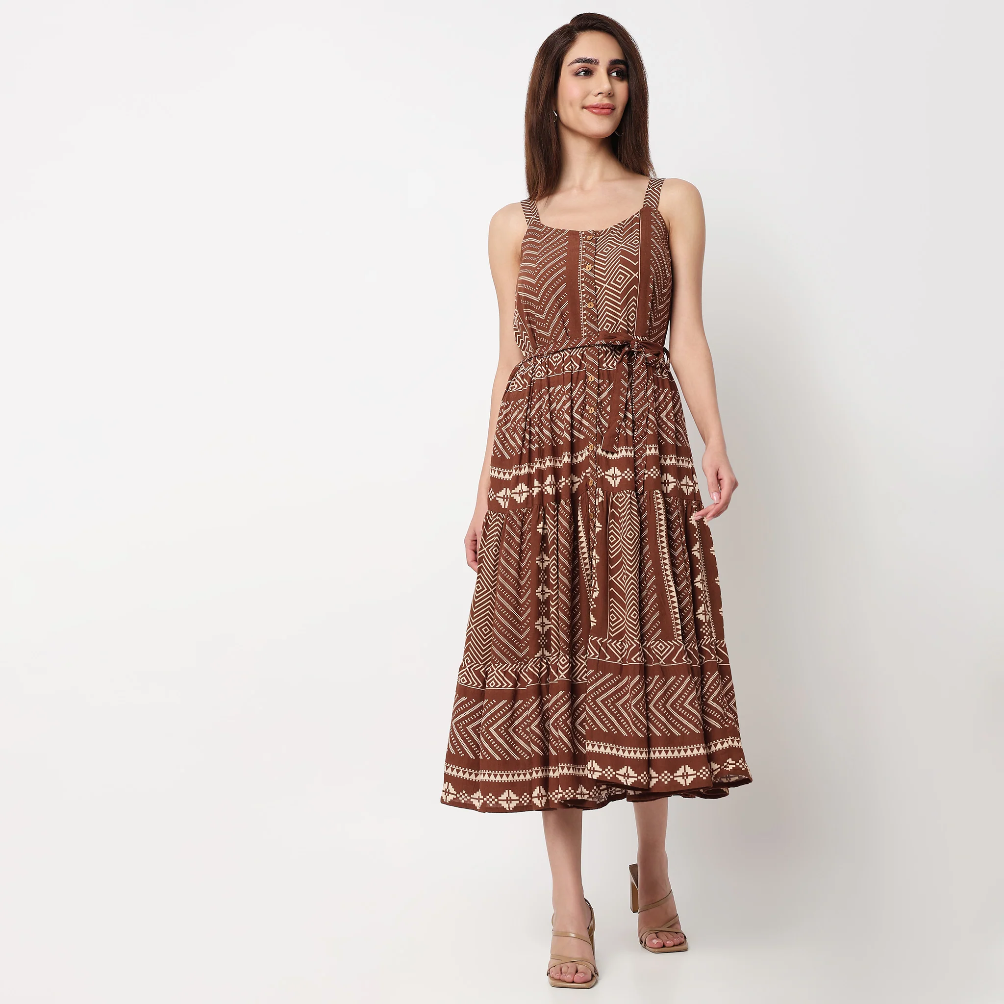 Printed Tiered Strappy Dress With Front Placket - Image 2