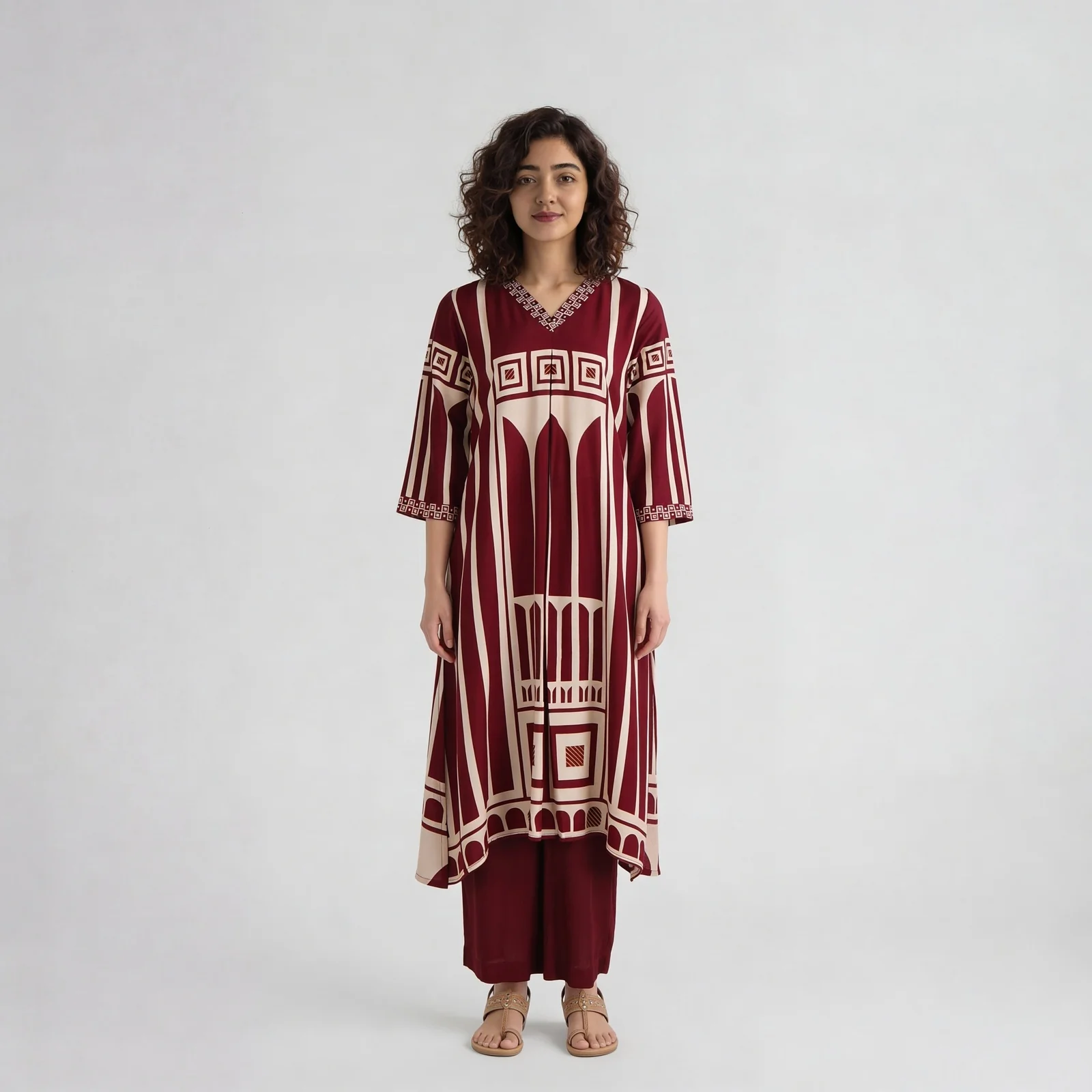 Printed V-Neck A-Line Kurta with Pant Set - Image 2