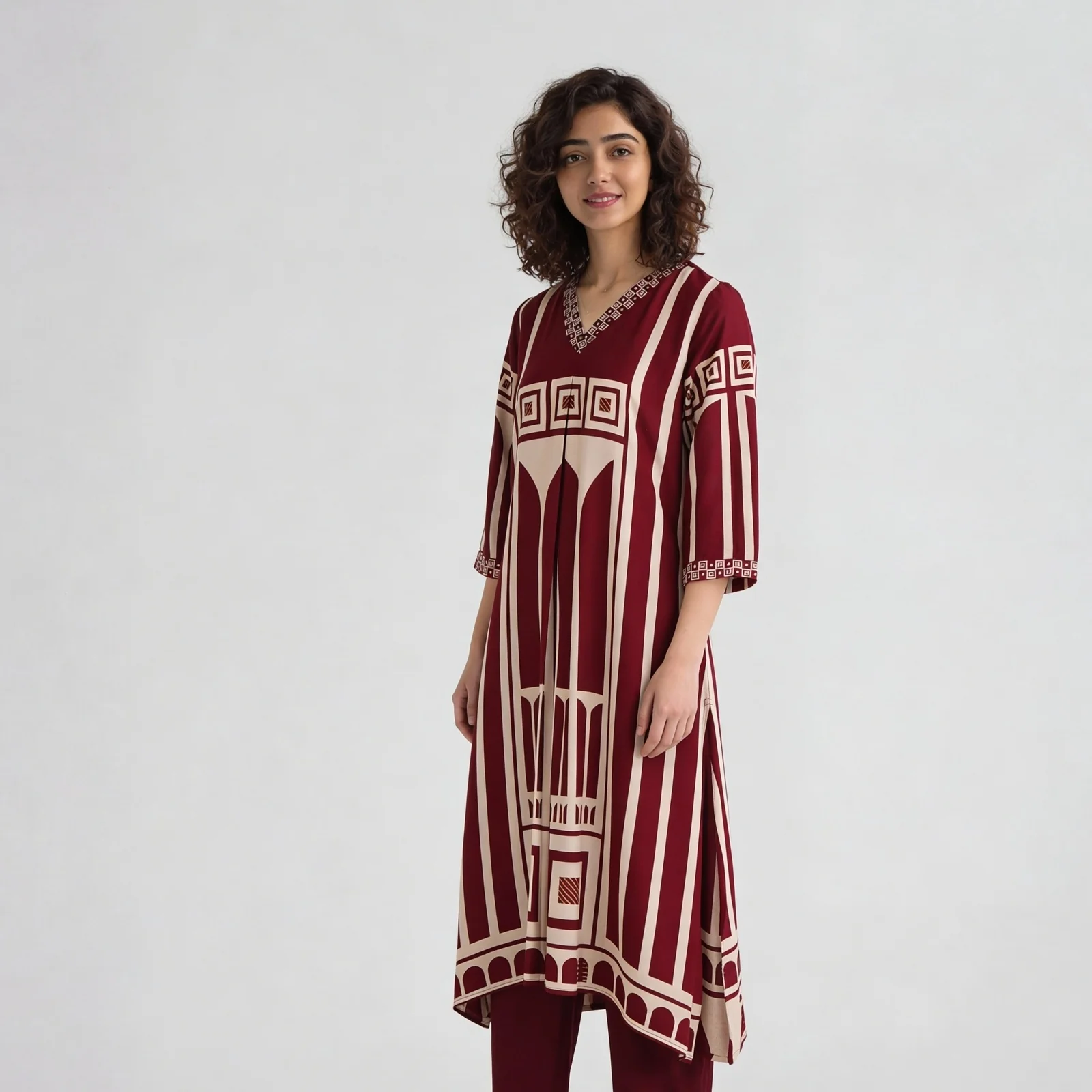 Printed V-Neck A-Line Kurta with Pant Set - Image 5