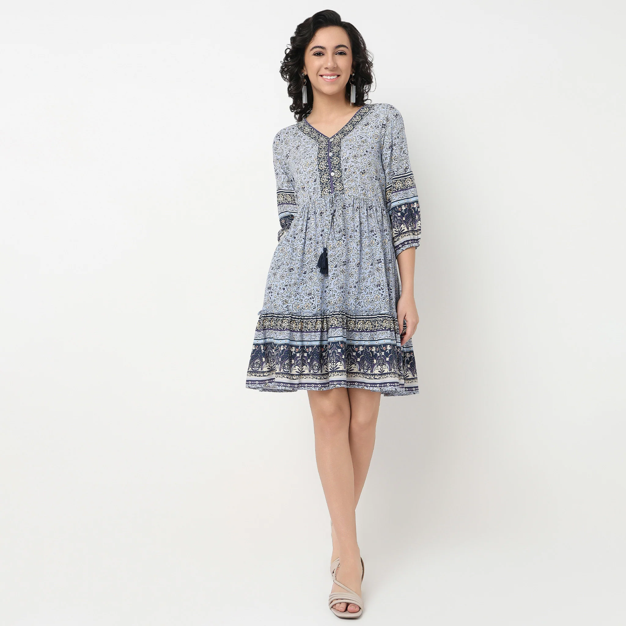 Printed V-Neck Flare Fit Short Dress - Image 2