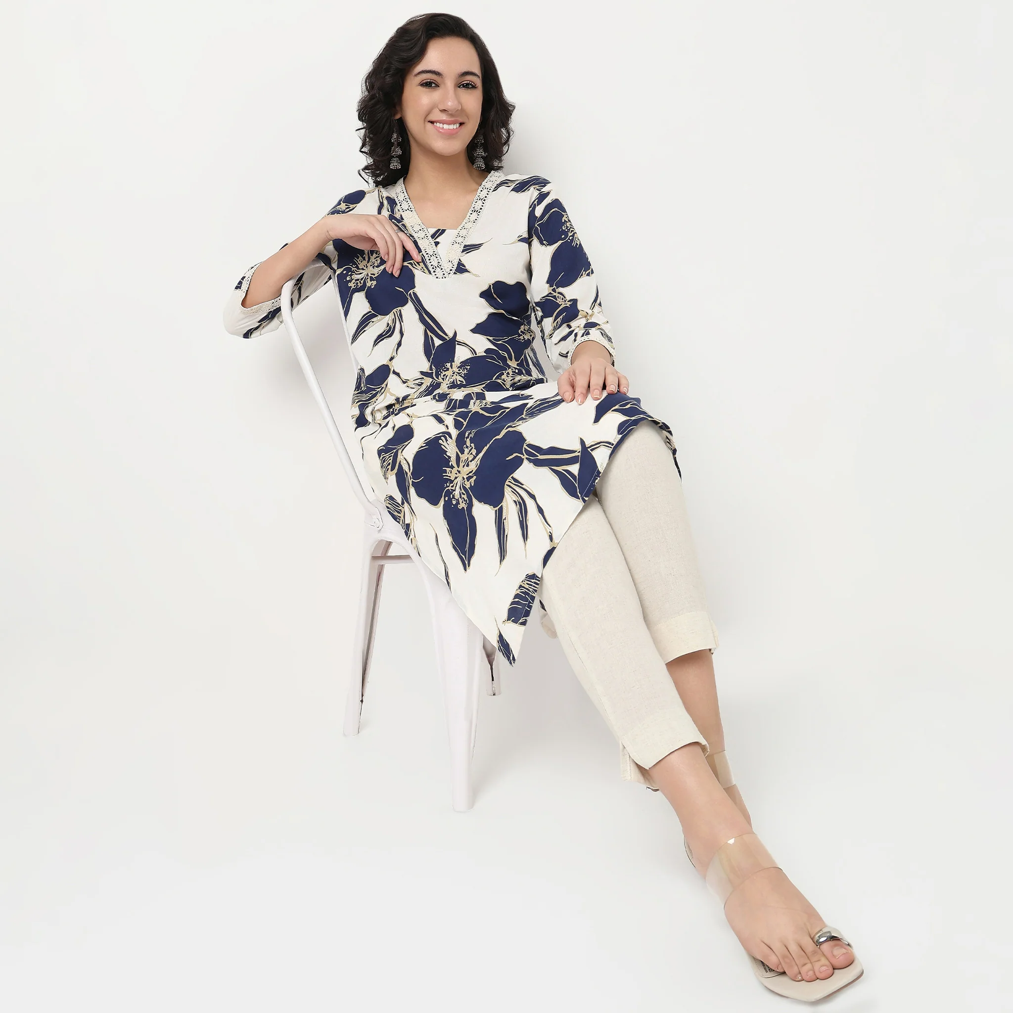 Printed V Neck Kurta With Lace