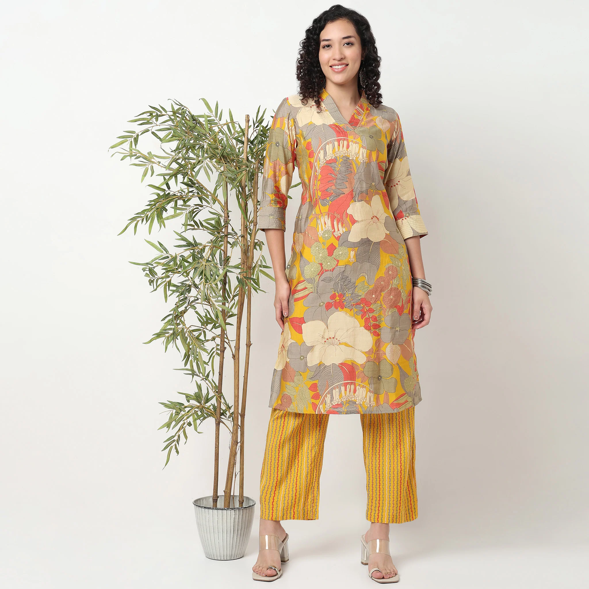 Printed V-Neck Kurta With Pant Set