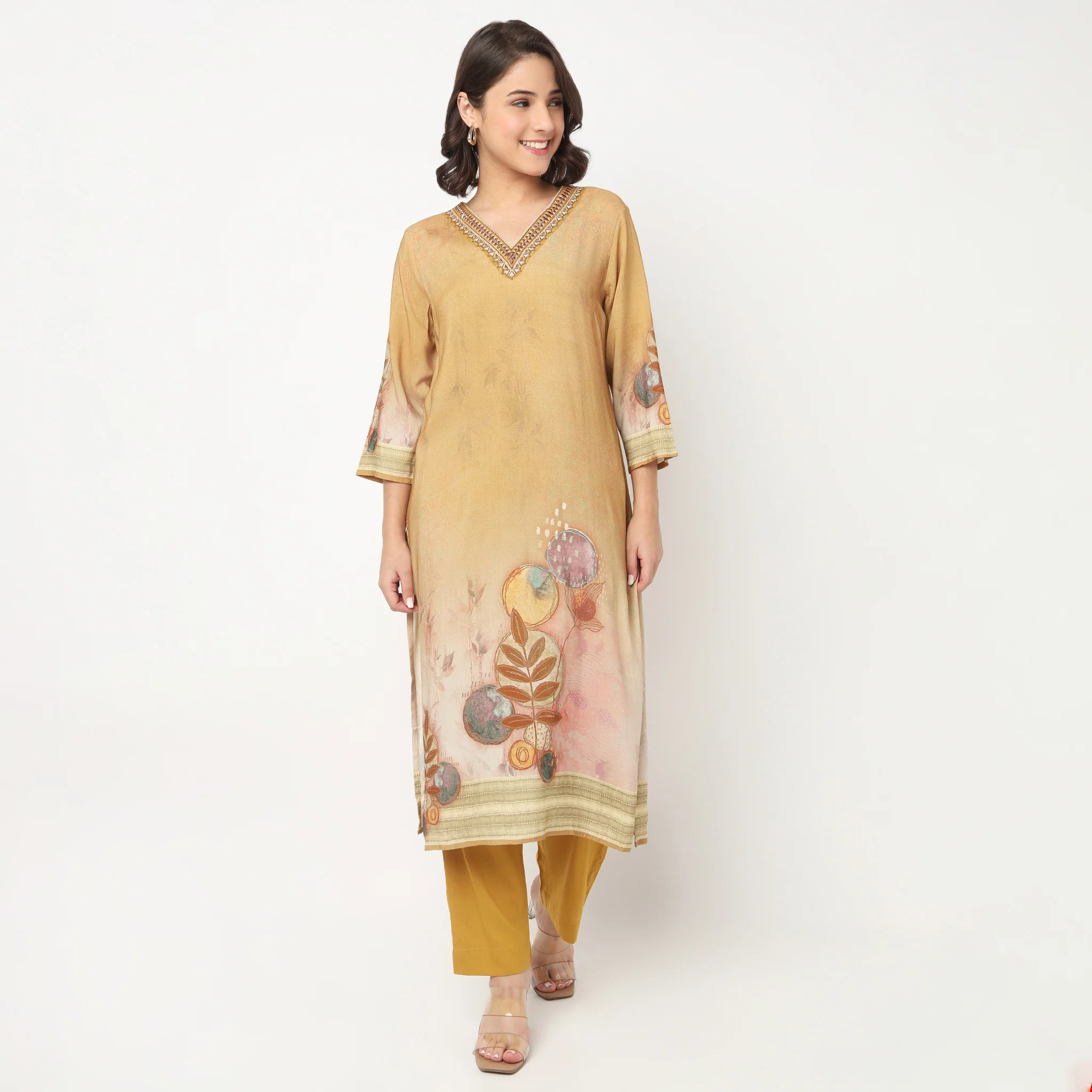Printed V-Neck Kurta with Pant & with Dupatta Set - Image 2