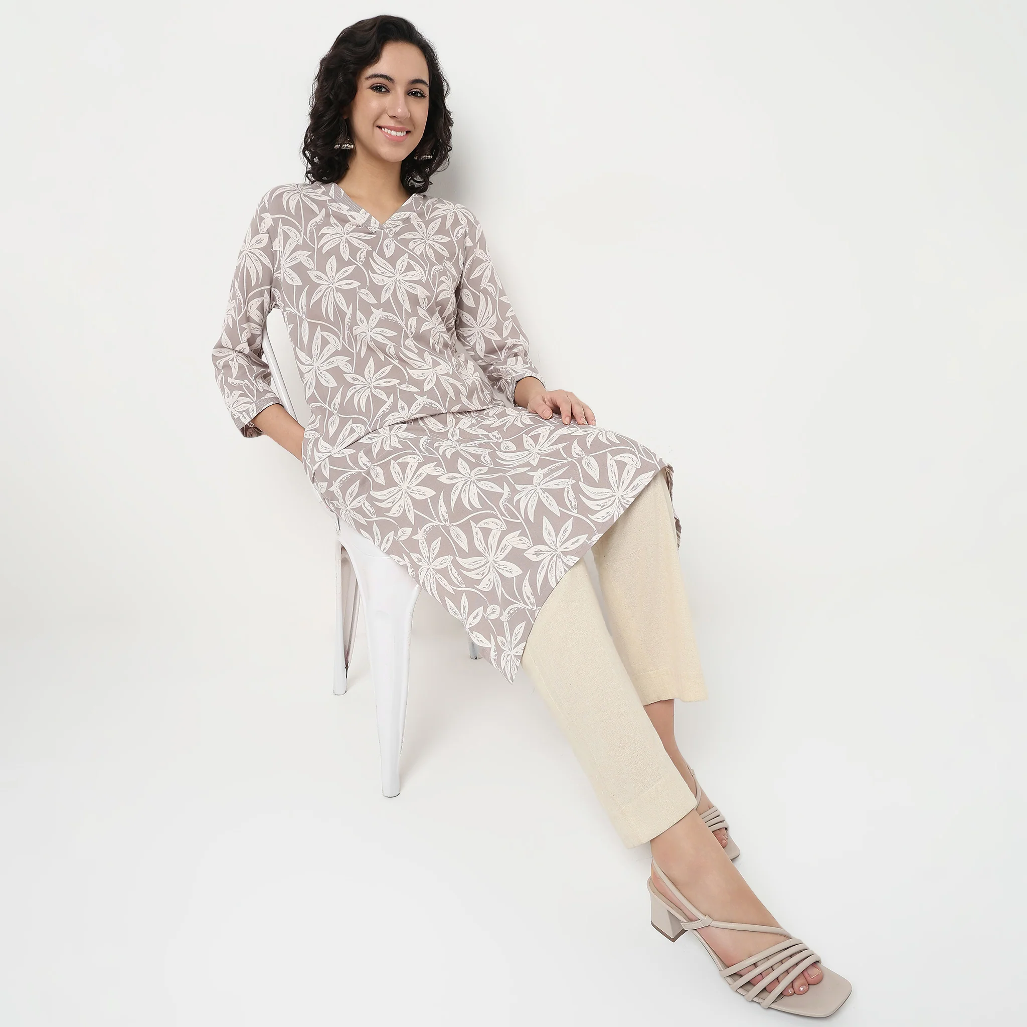 Printed V Neck Long Kurta With Couching