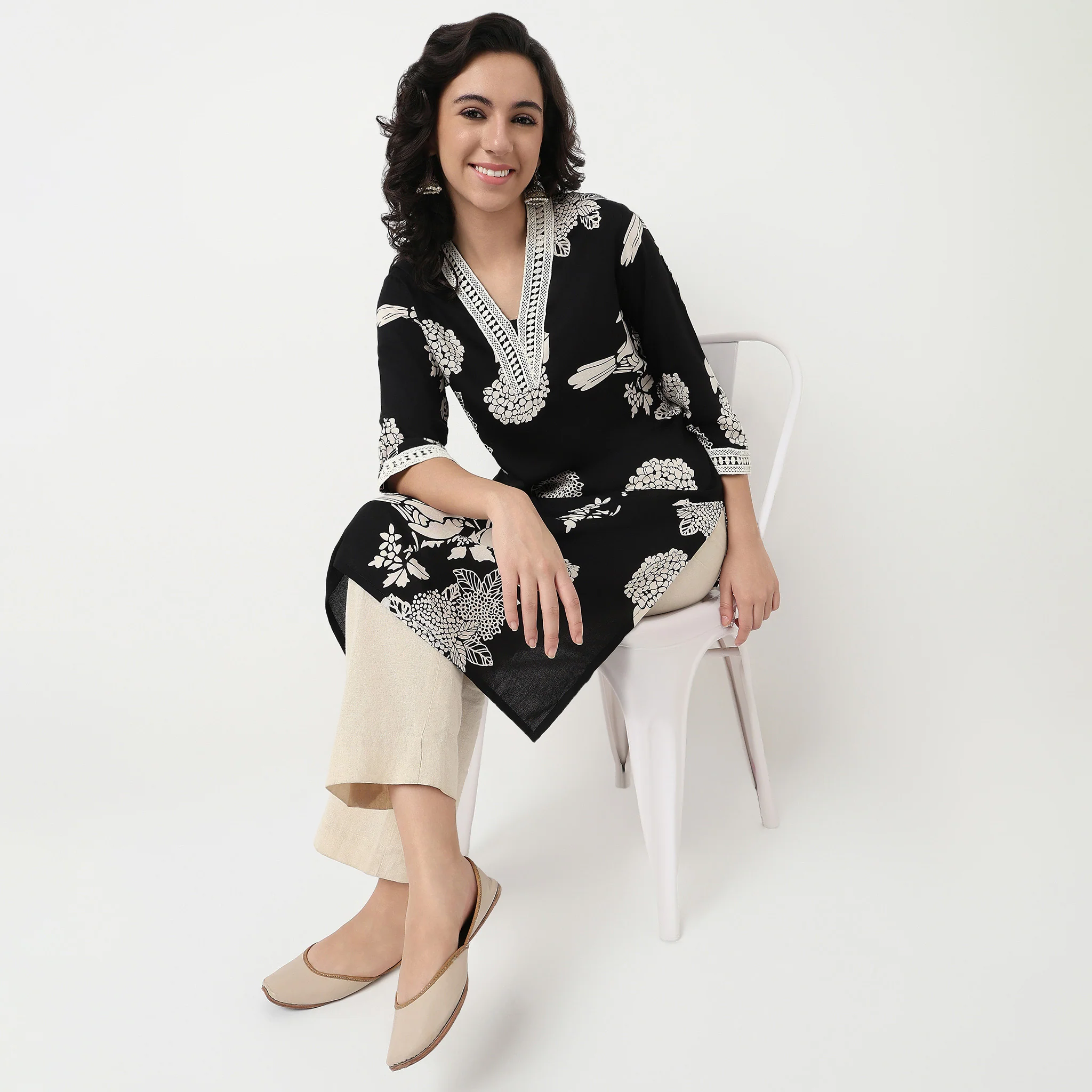 Printed V Neck Long Kurta With Lace