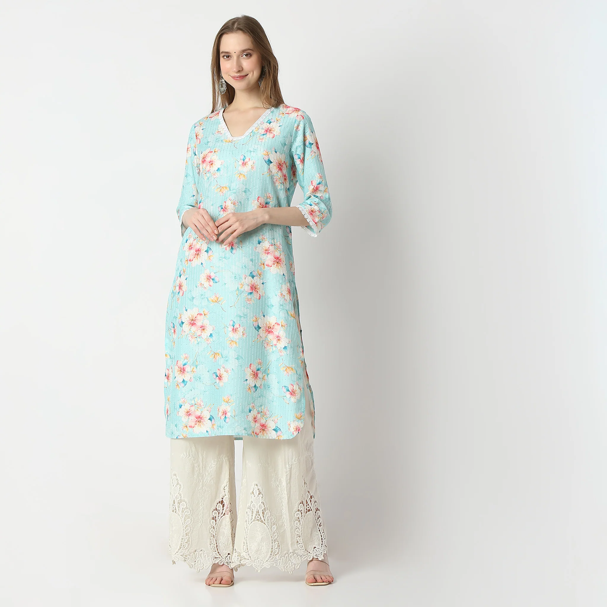 Printed V-Neck Long Kurta - Image 2
