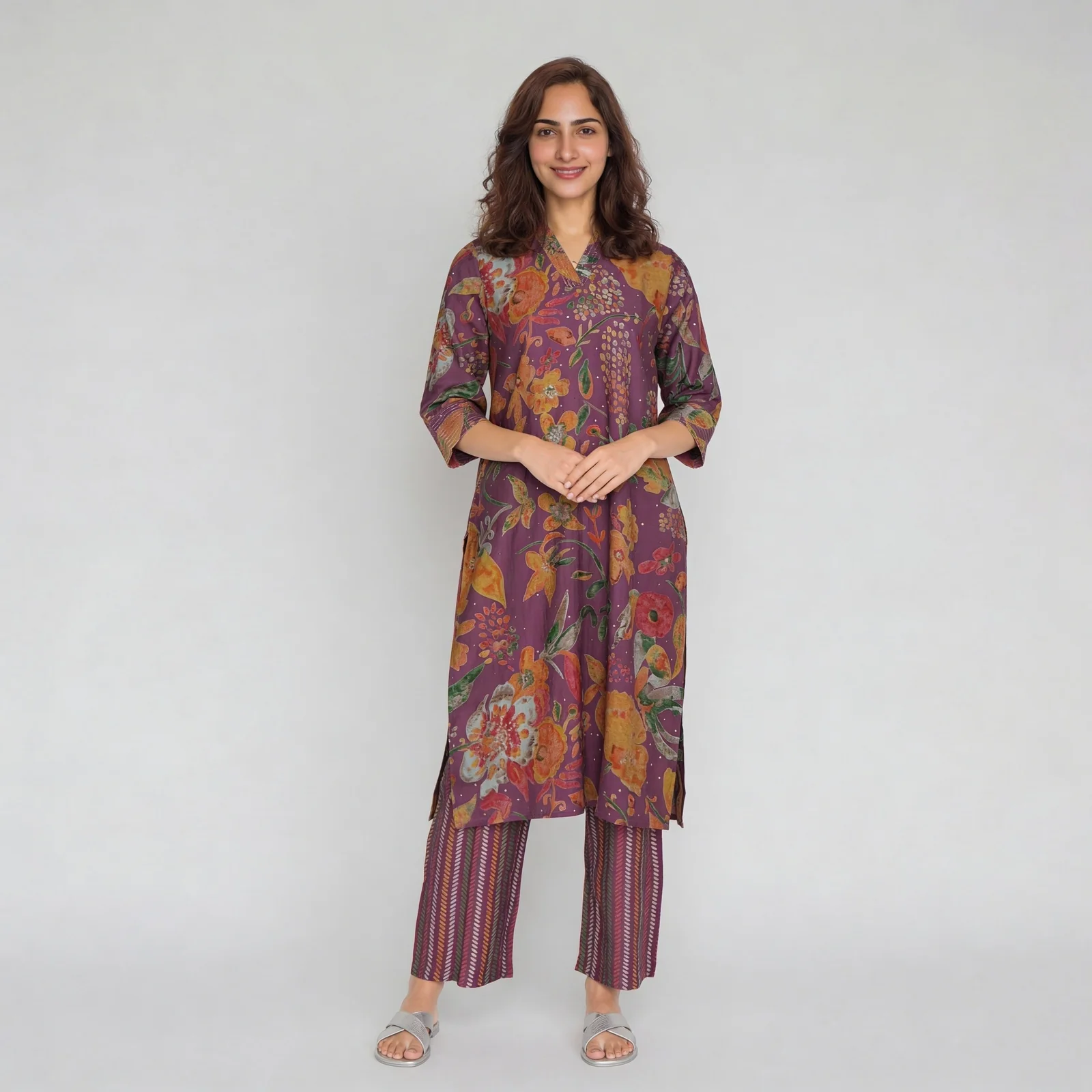 Printed V-Neck Straight Kurta with Pant Set - Image 2