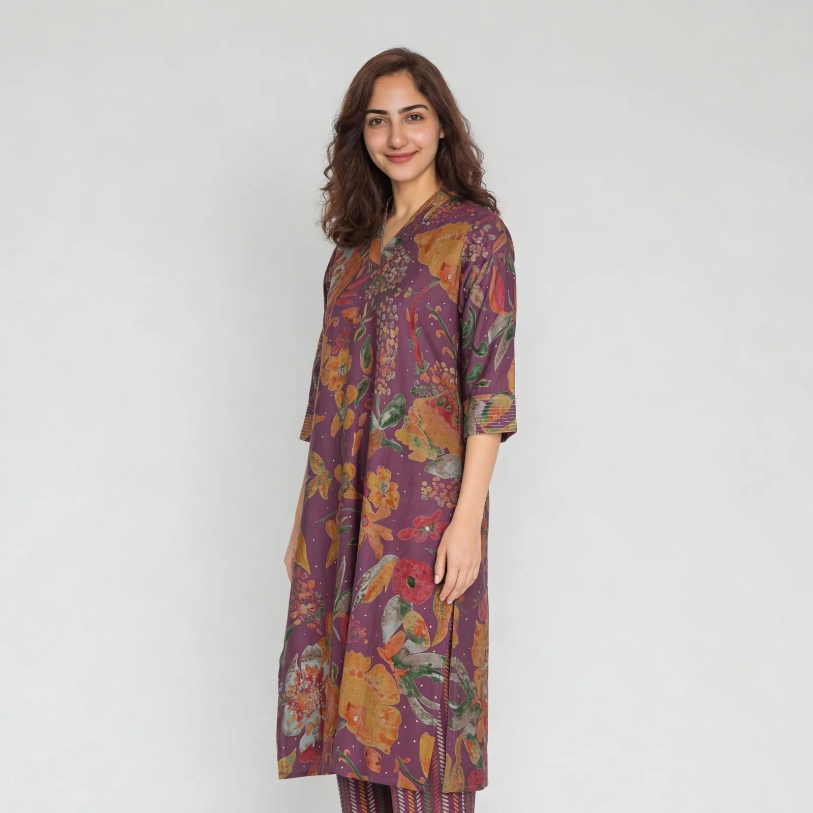 Printed V-Neck Straight Kurta with Pant Set - Image 5