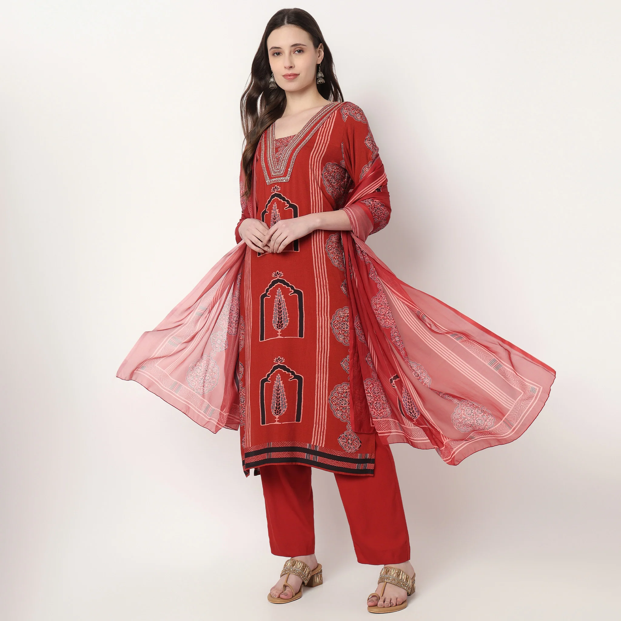 Printed V-Neck Straight Kurta with Pant Set