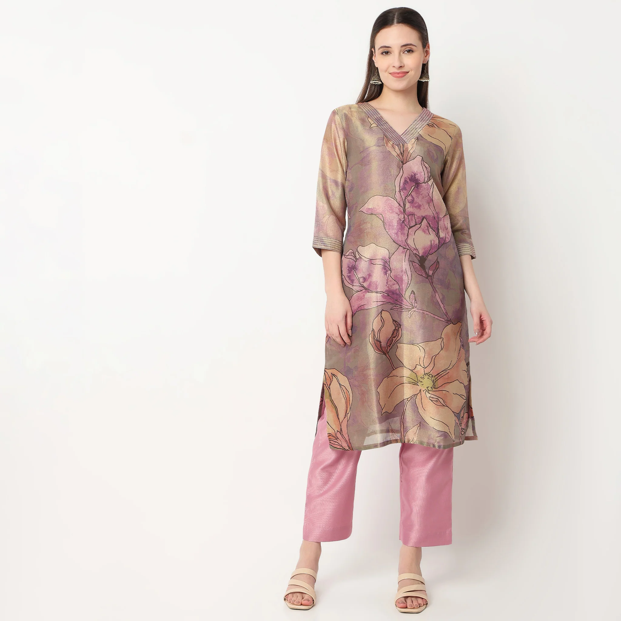 Printed V-Neck Straight Kurta with Pant Set - Image 2