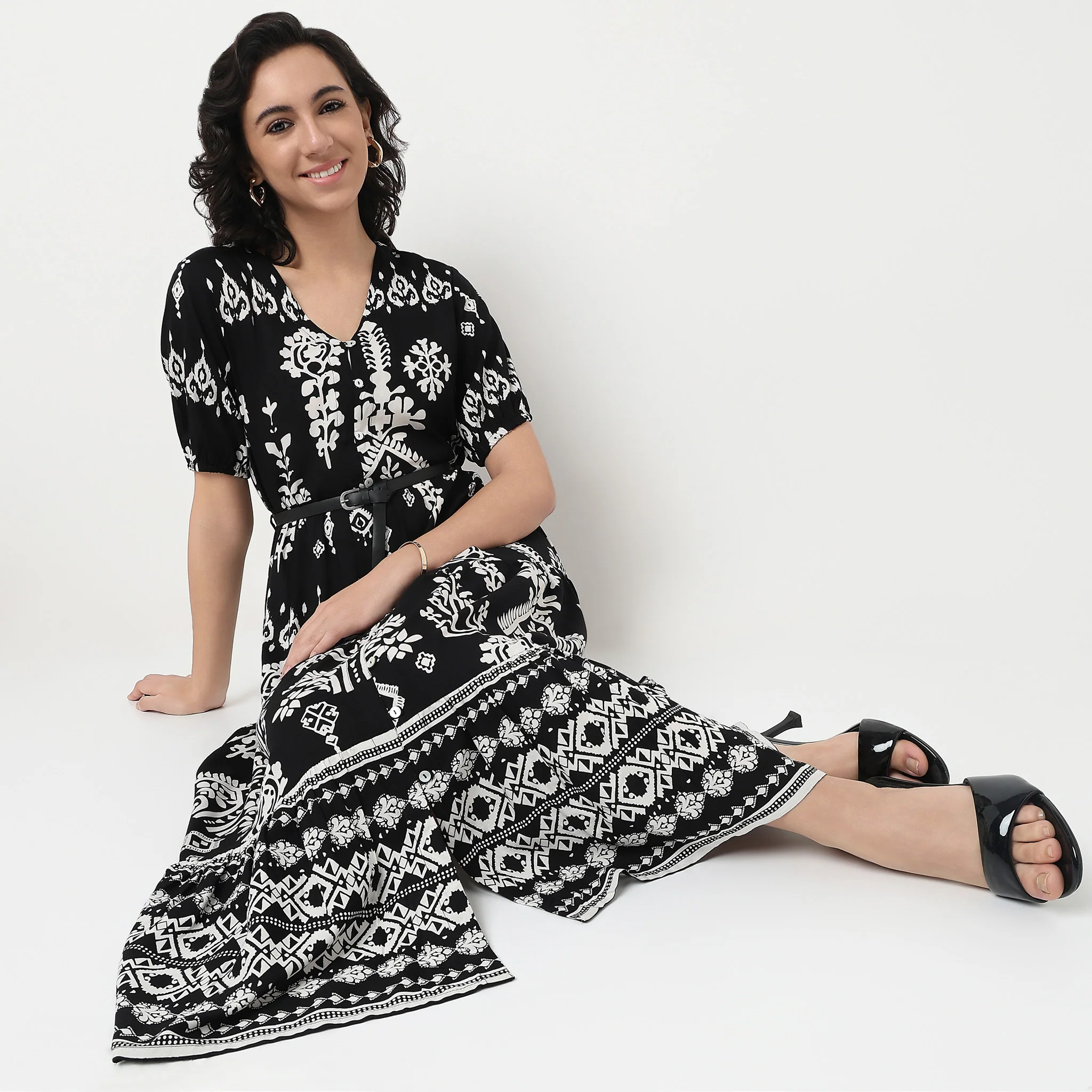 Printed V-Neck Tiered Dress