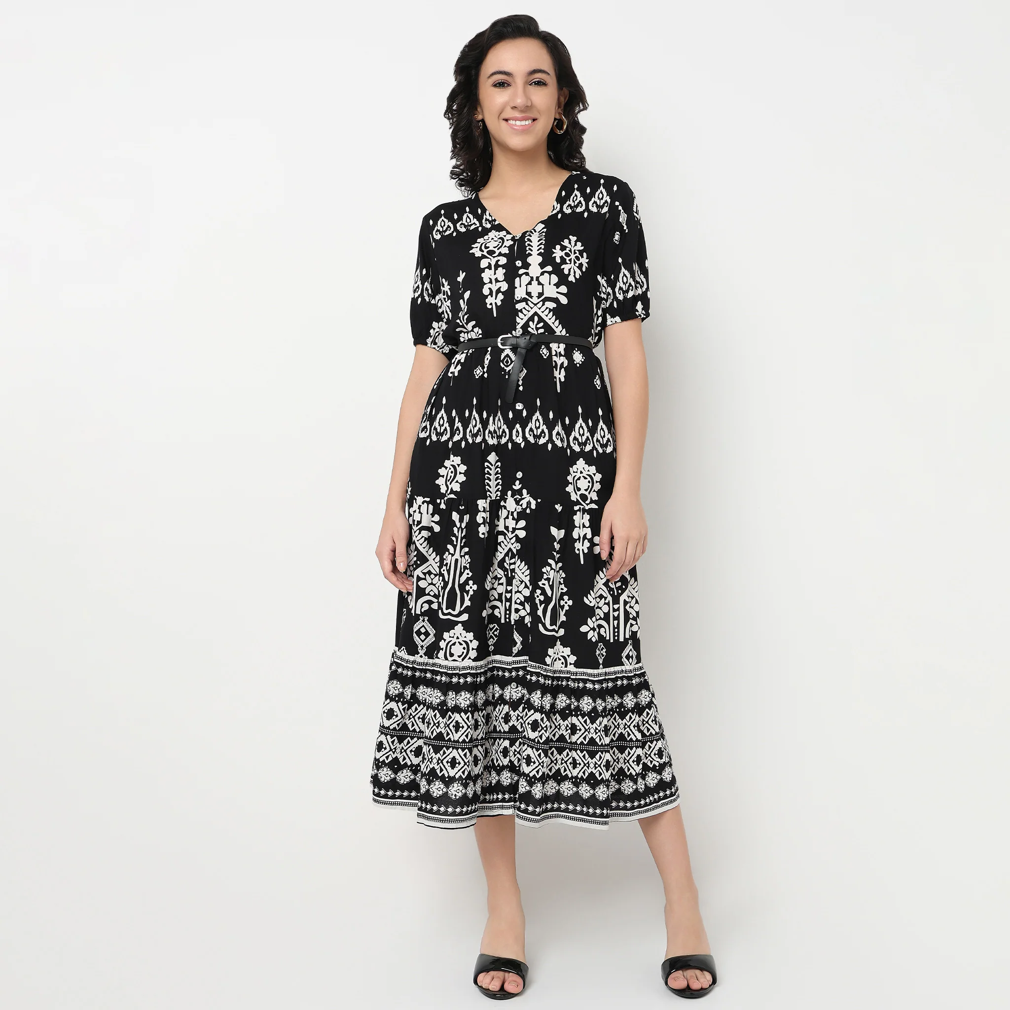 Printed V-Neck Tiered Dress - Image 2