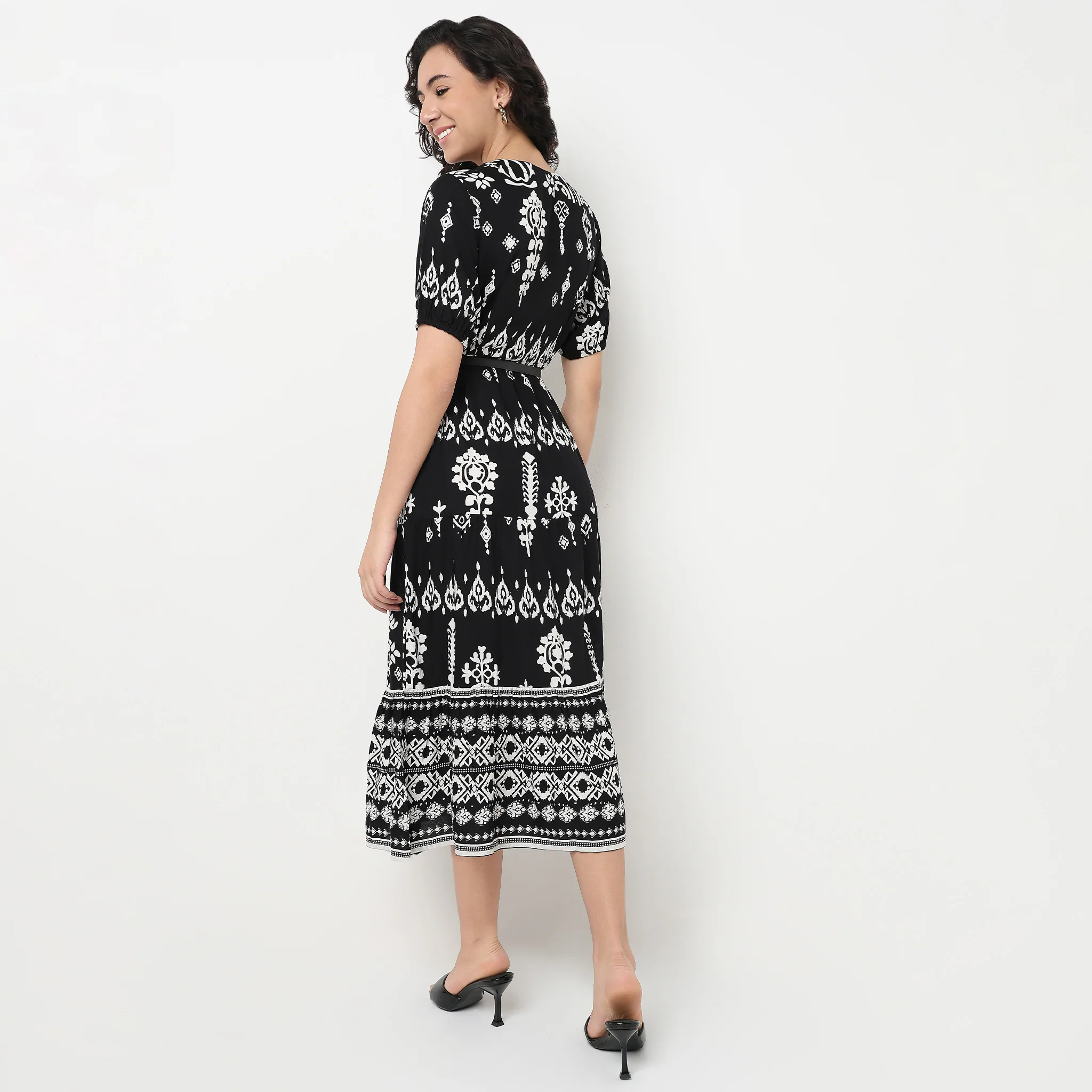 Printed V-Neck Tiered Dress - Image 3