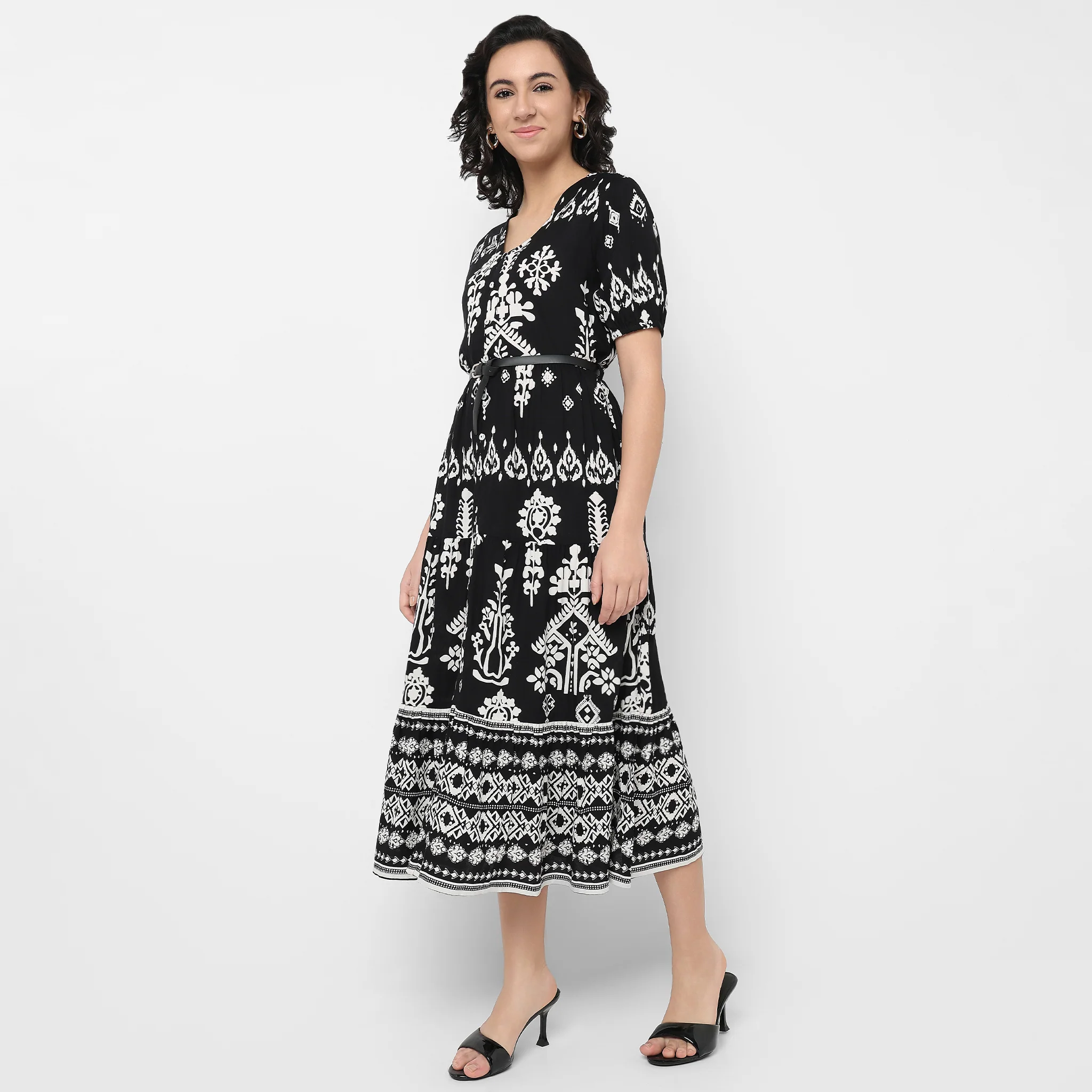 Printed V-Neck Tiered Dress - Image 5