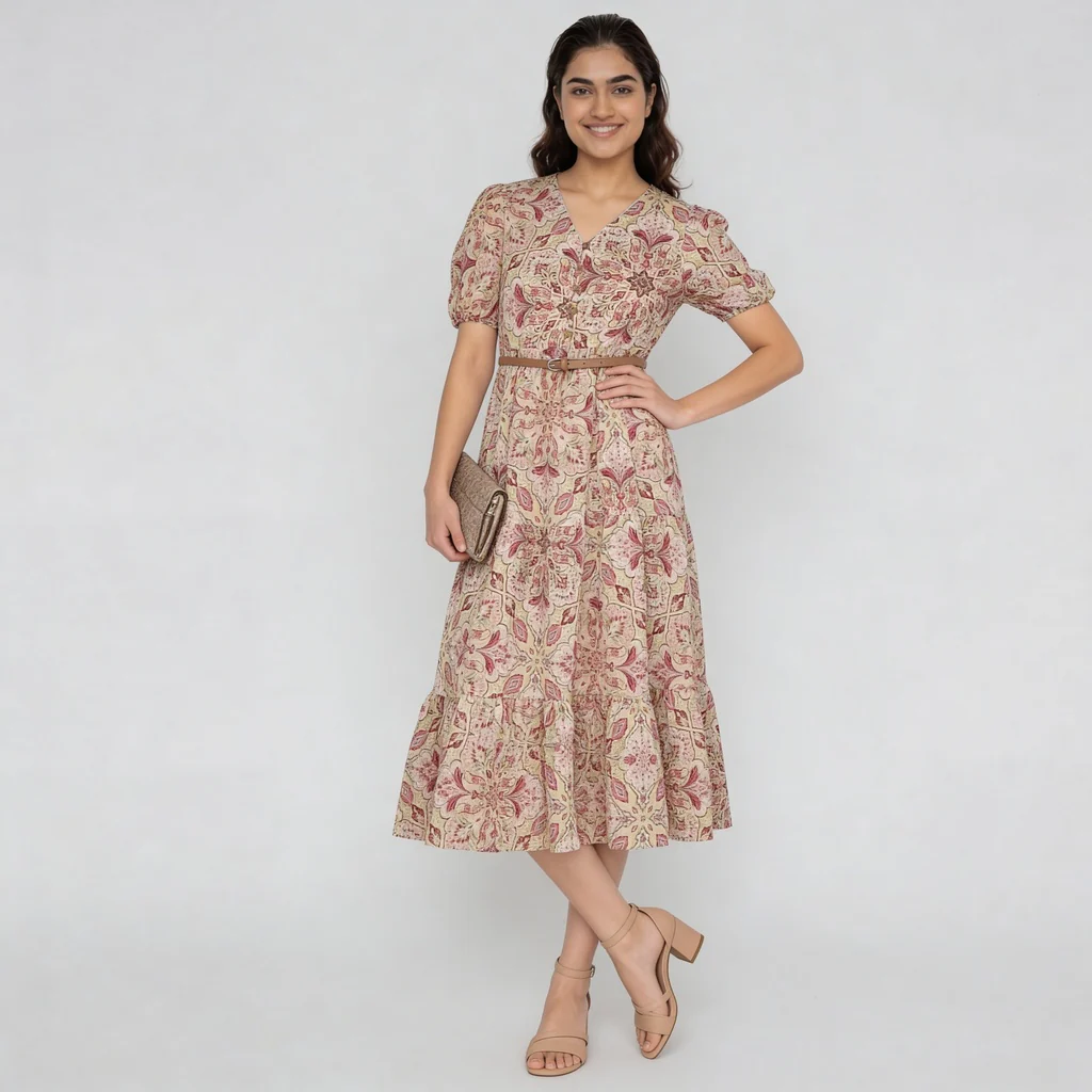 Printed V-Neck Tiered Dress