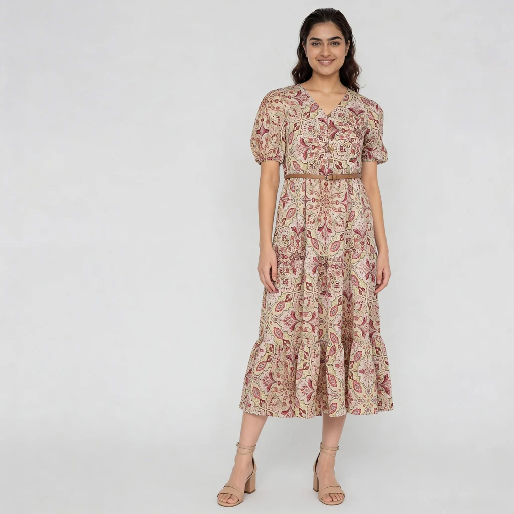 Printed V-Neck Tiered Dress - Image 2