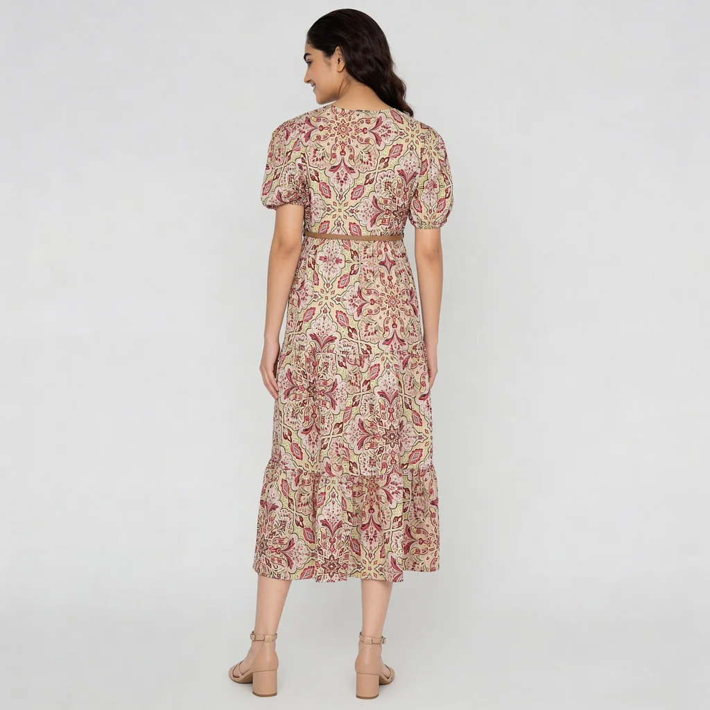 Printed V-Neck Tiered Dress - Image 3