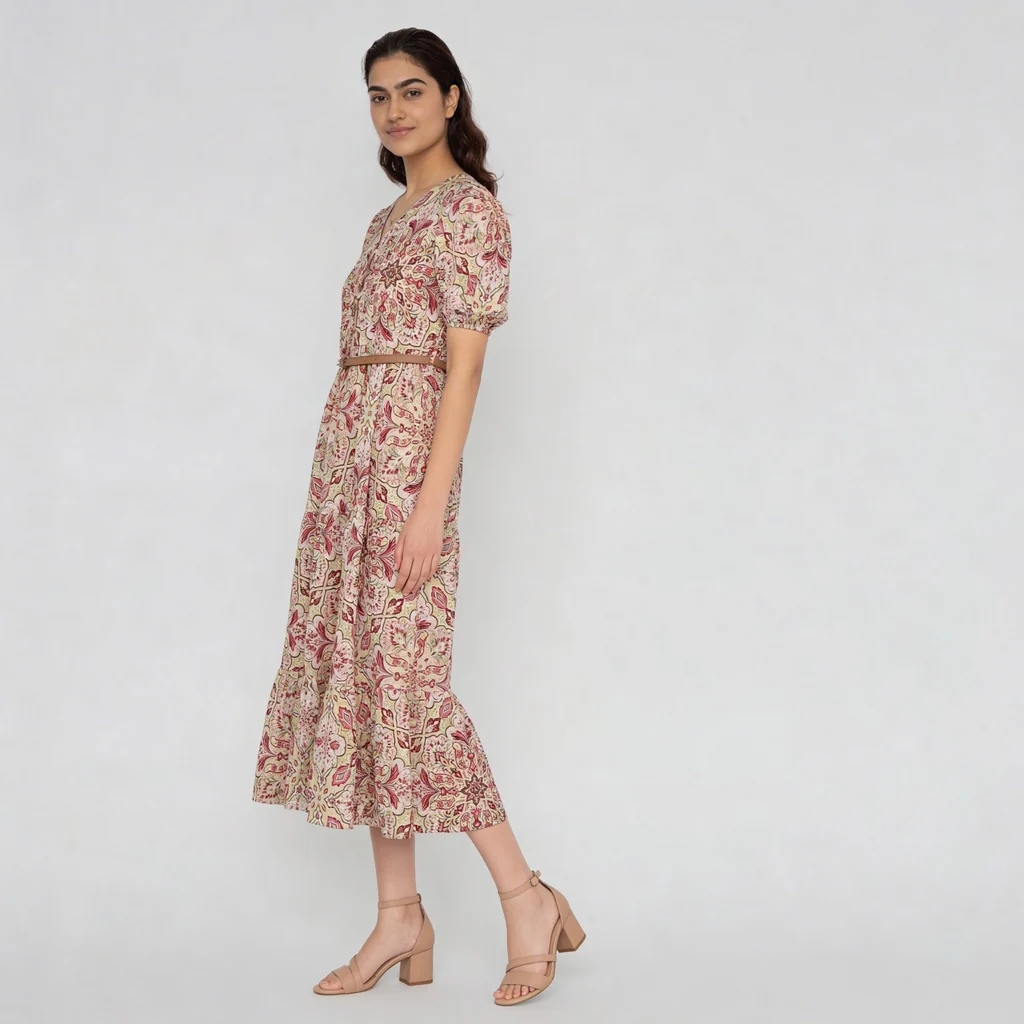 Printed V-Neck Tiered Dress - Image 5