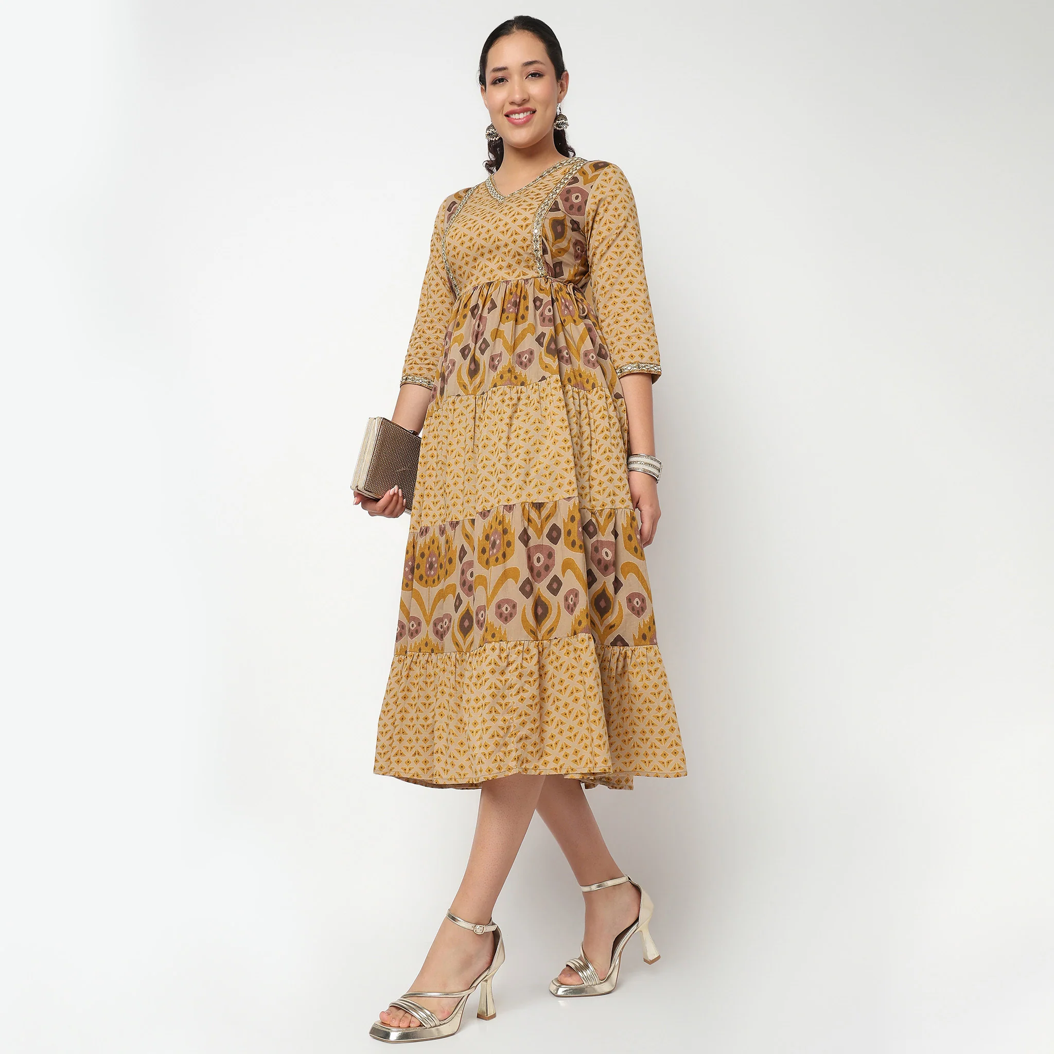Printed V Neck Tired Kurta