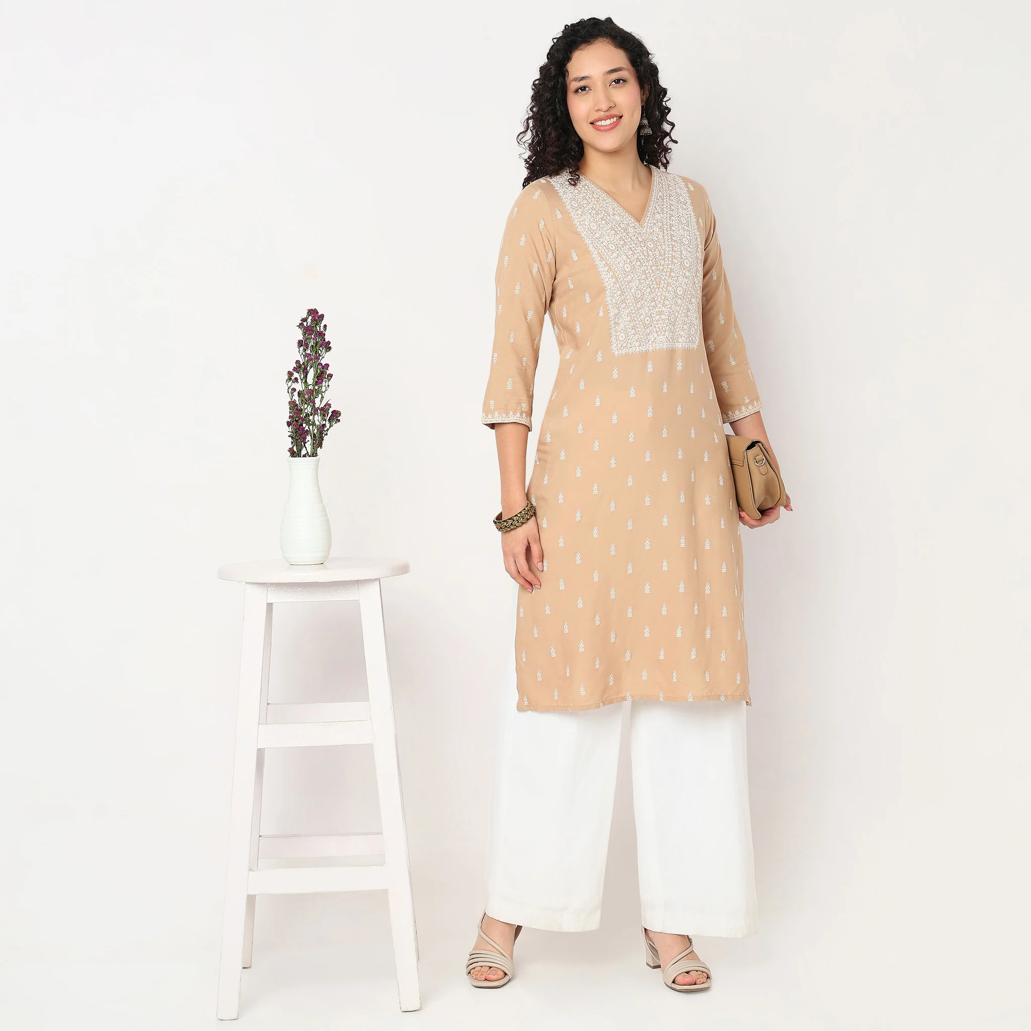 Printed Yoke V-Neck Kurta