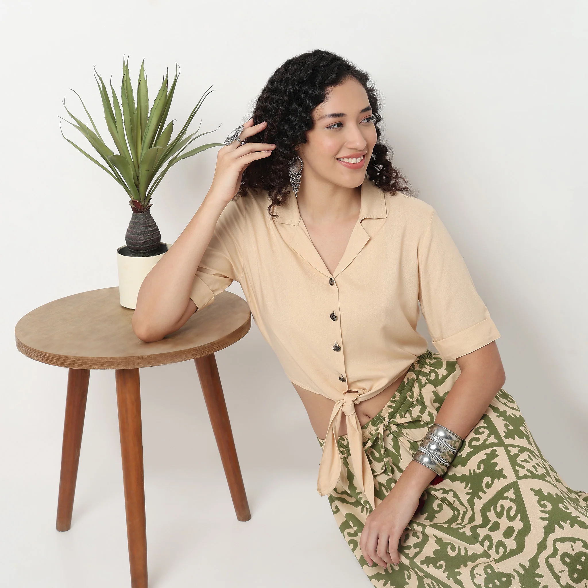 Tie-Up Crop Top with Lapel Collar