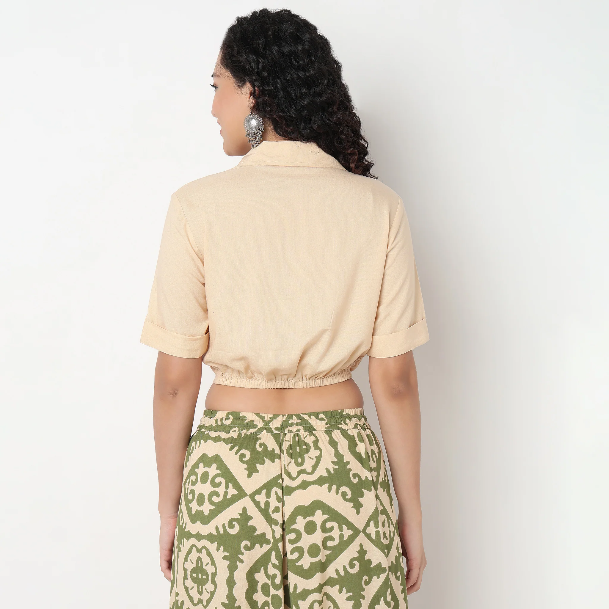 Tie-Up Crop Top with Lapel Collar - Image 3