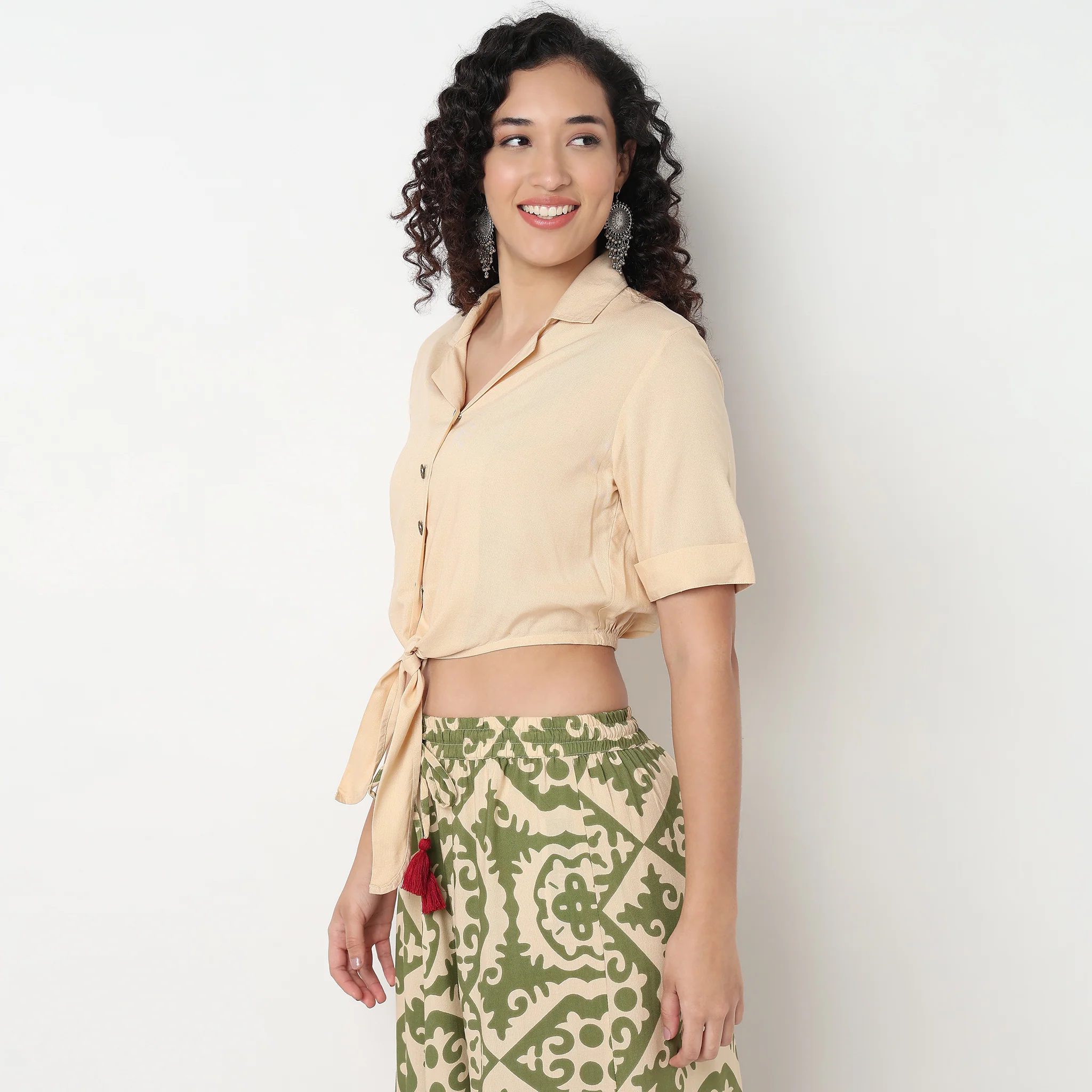 Tie-Up Crop Top with Lapel Collar - Image 5