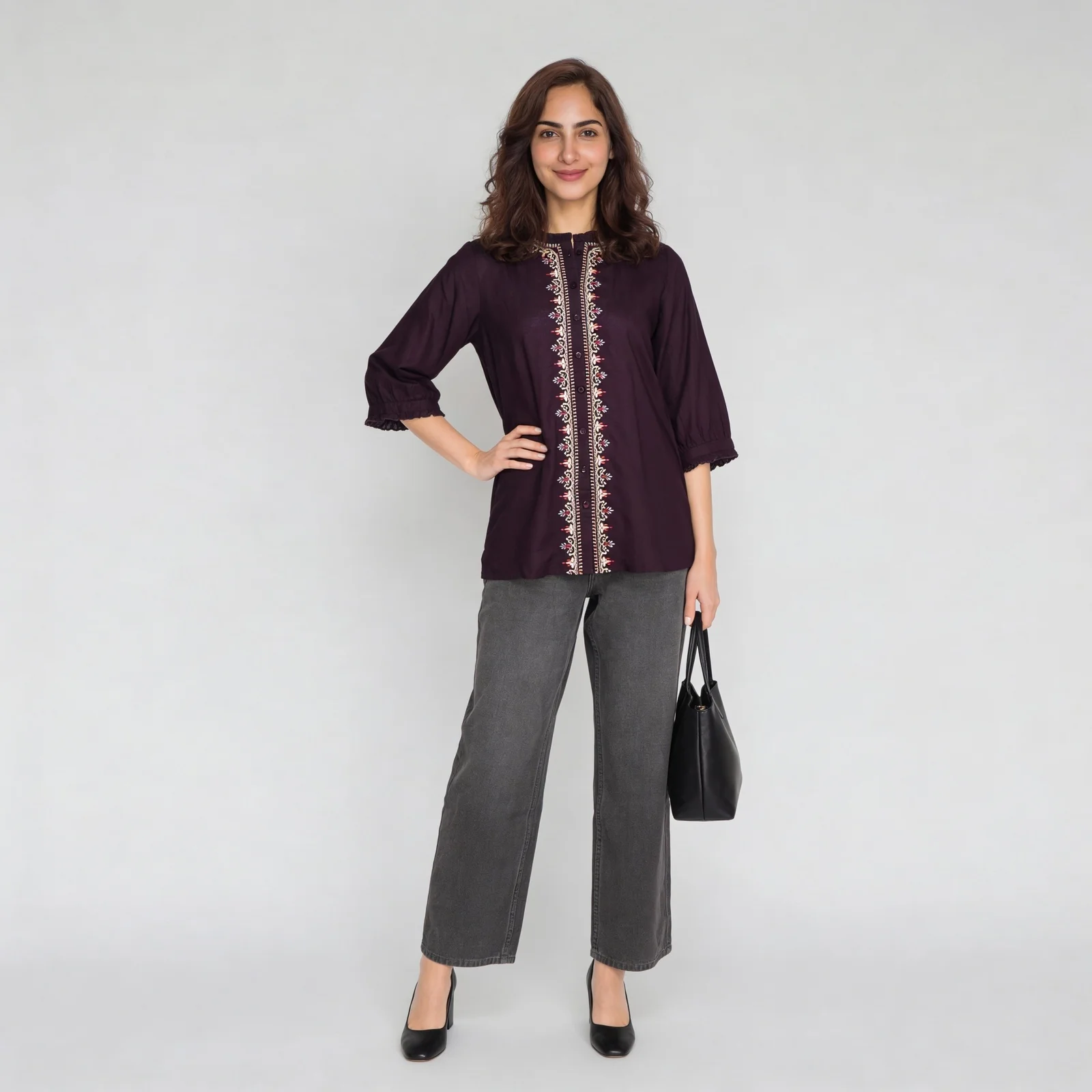Embroidered Band Neck Top