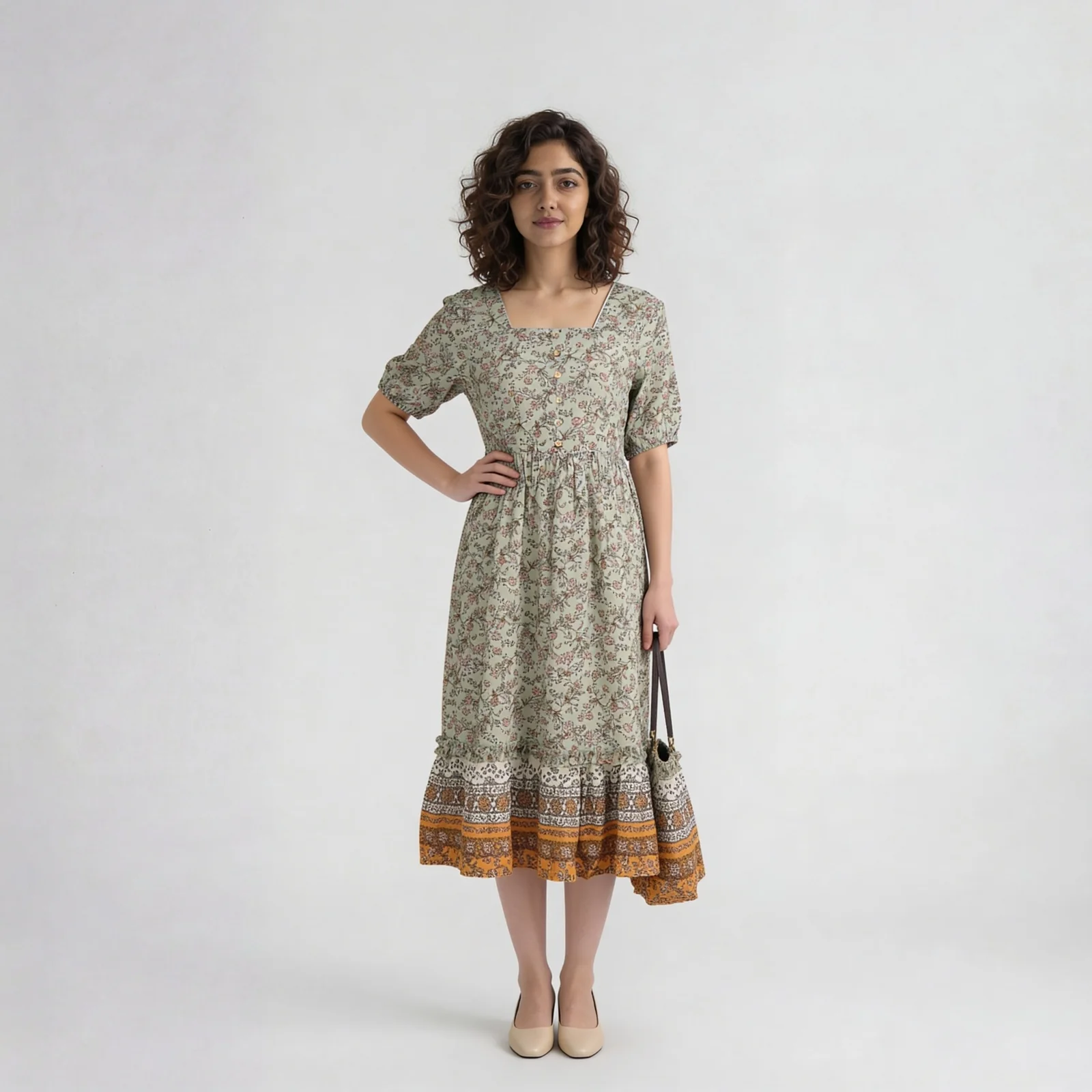 Printed Square Neck Tiered Dress