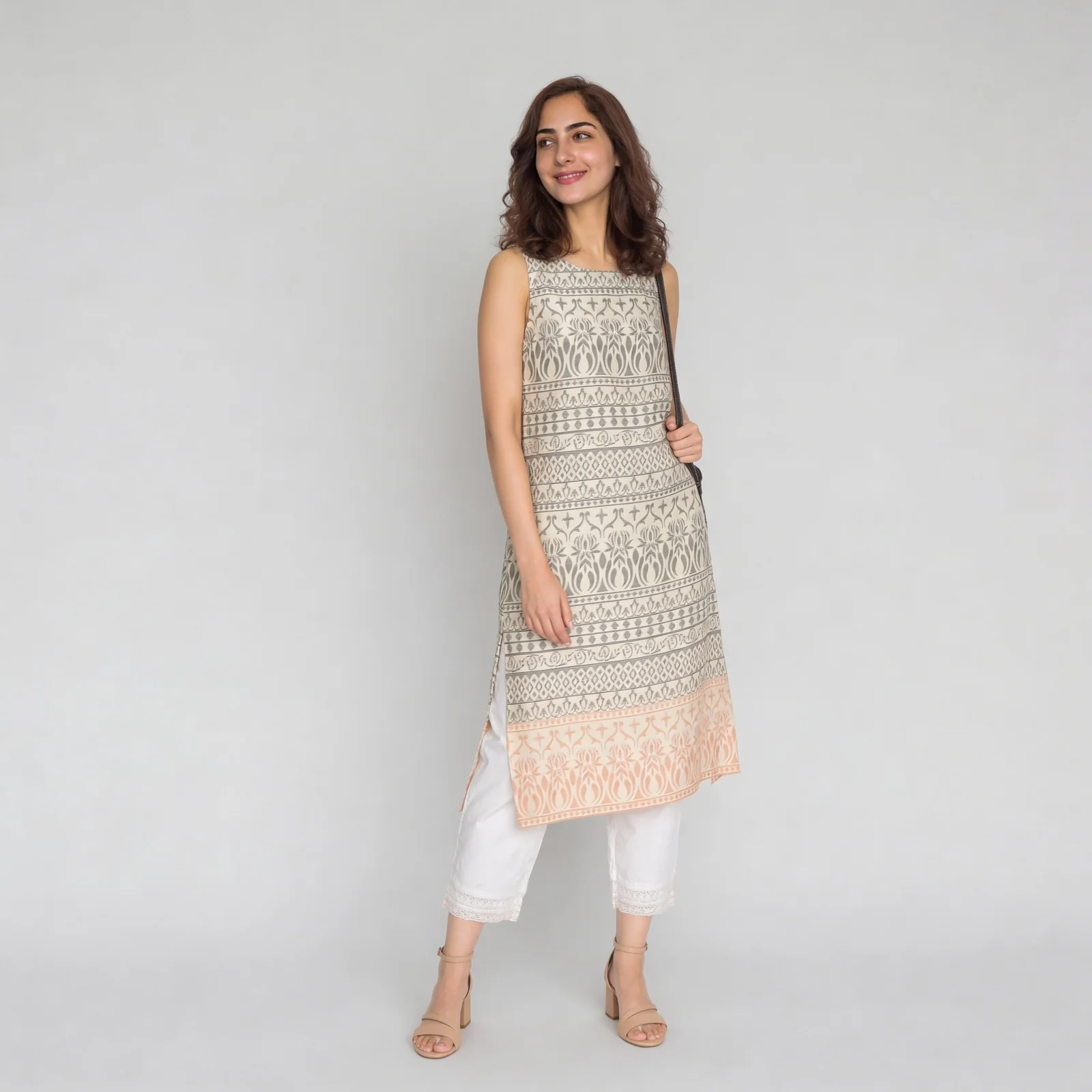Printed Sleeveless Boat Neck Kurta