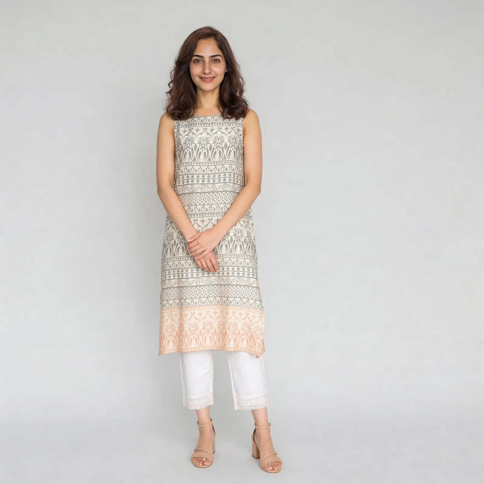 Printed Sleeveless Boat Neck Kurta - Image 2