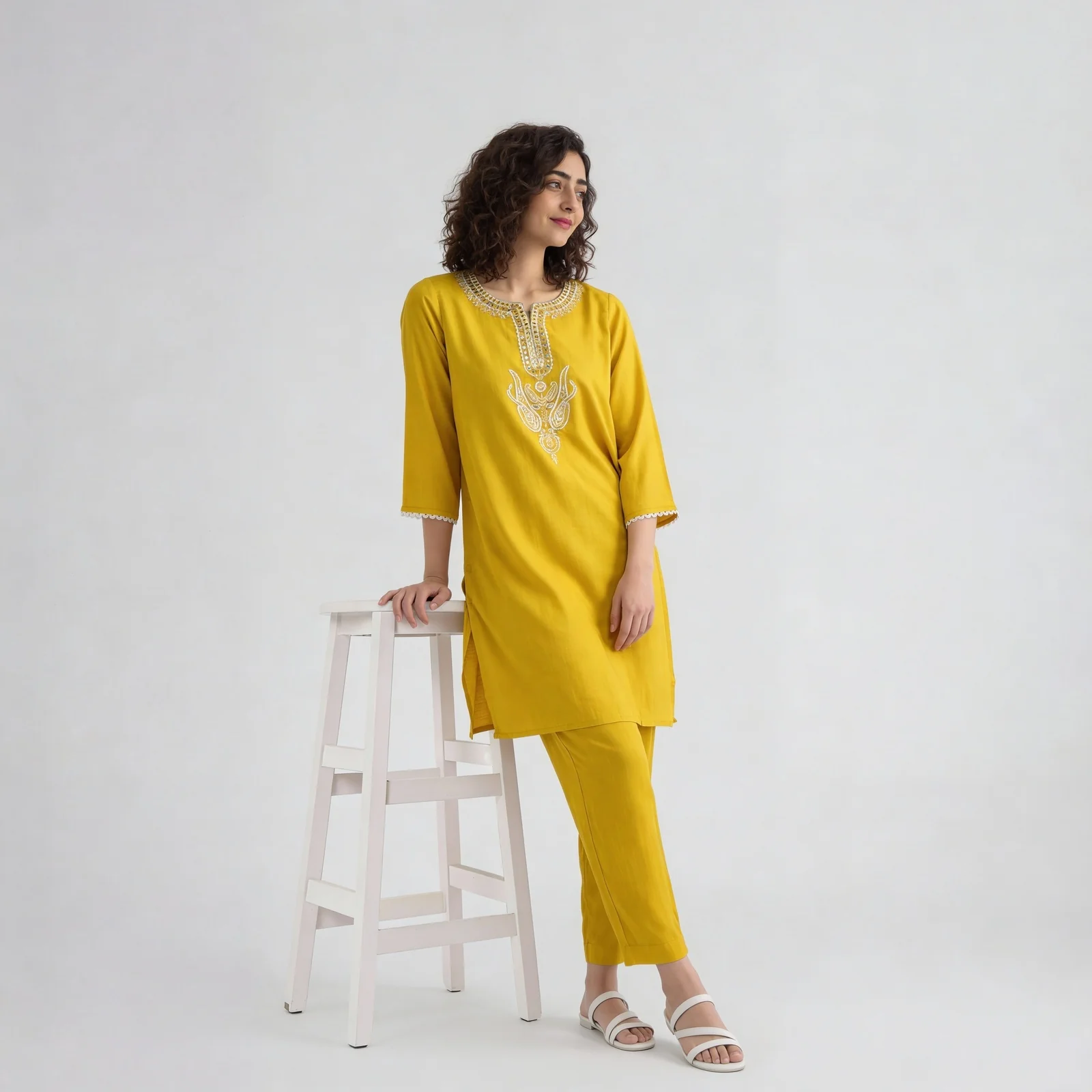 Embroidered V-Neck Long Kurta