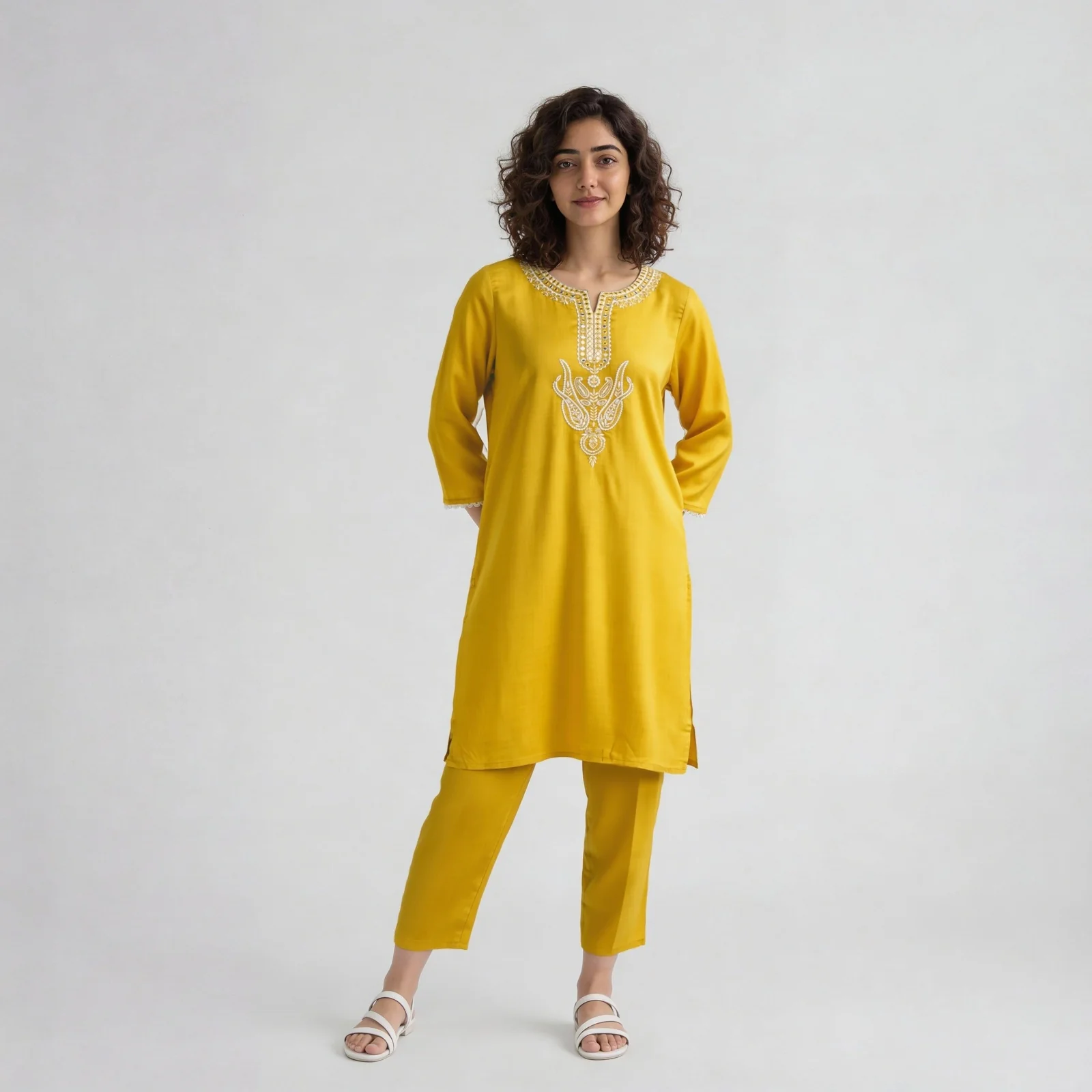 Embroidered V-Neck Long Kurta - Image 2