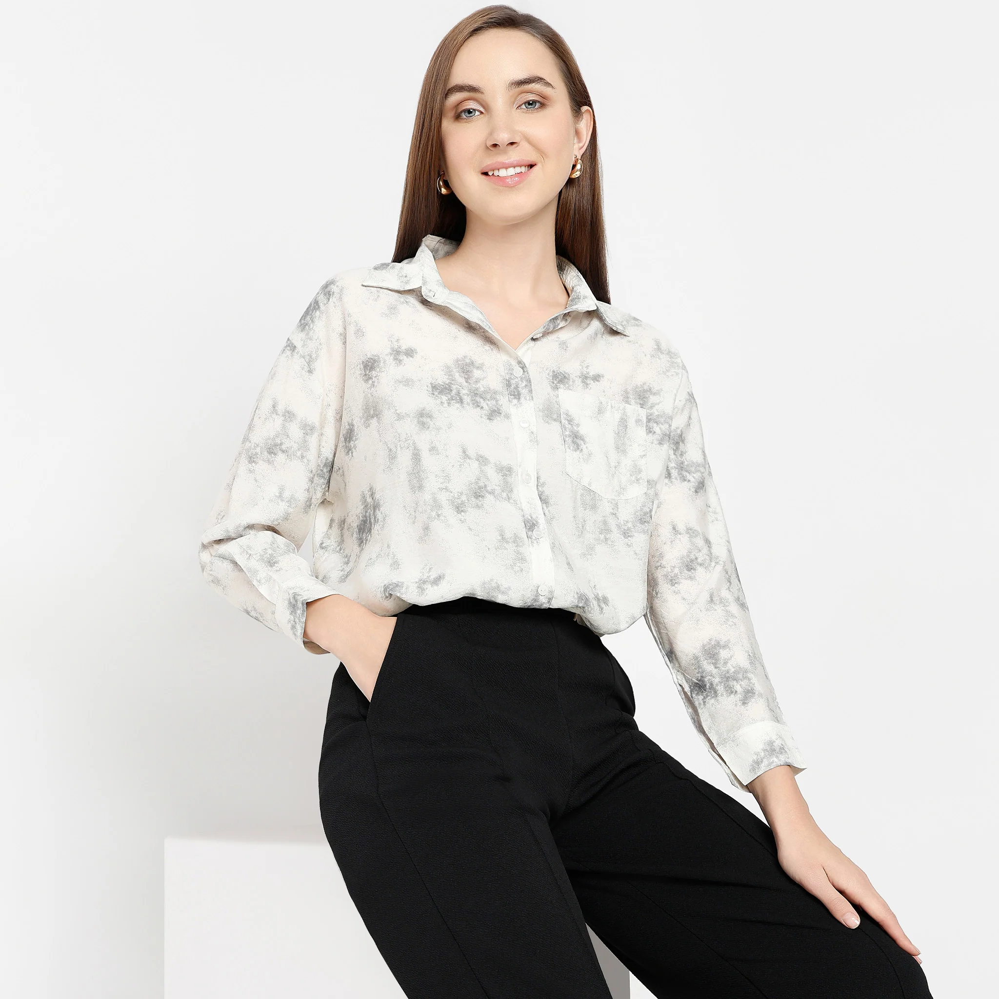 Shirt Collar Full Sleeve Printed Betty Shirt With Inner And Draw String Hemline - Image 2