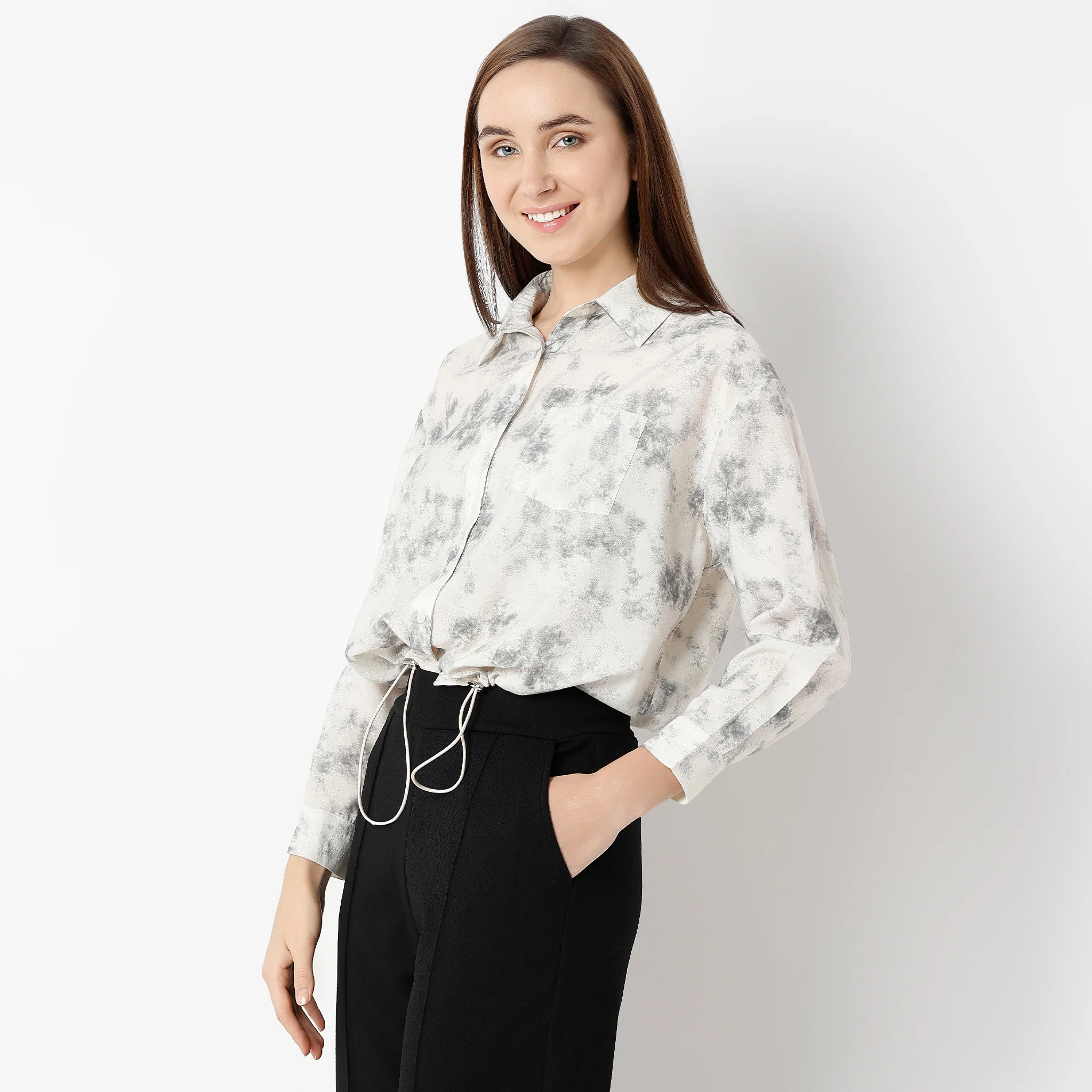 Shirt Collar Full Sleeve Printed Betty Shirt With Inner And Draw String Hemline - Image 5