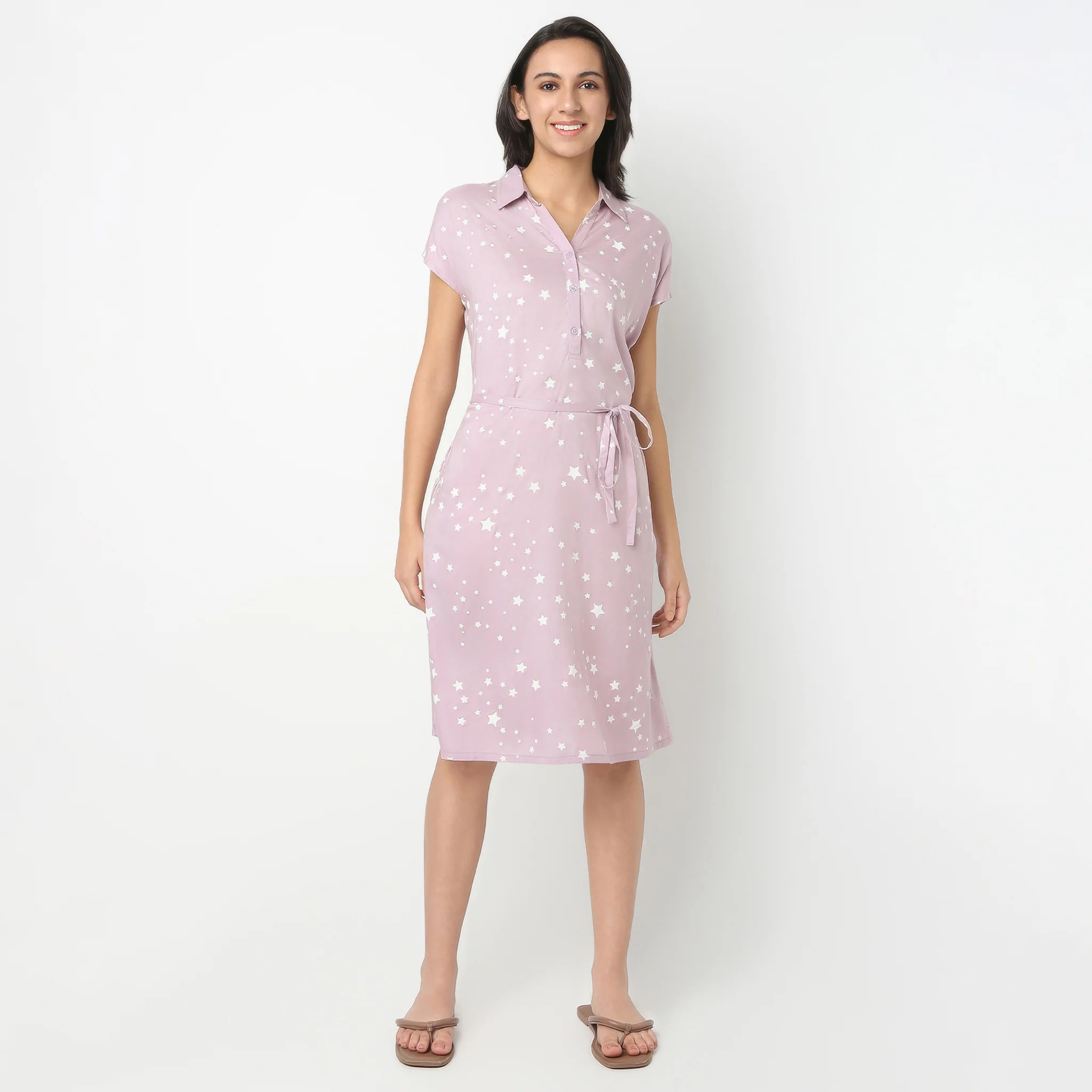 Knee Length All Over Print Night Gown With Waist Tie String - Image 2