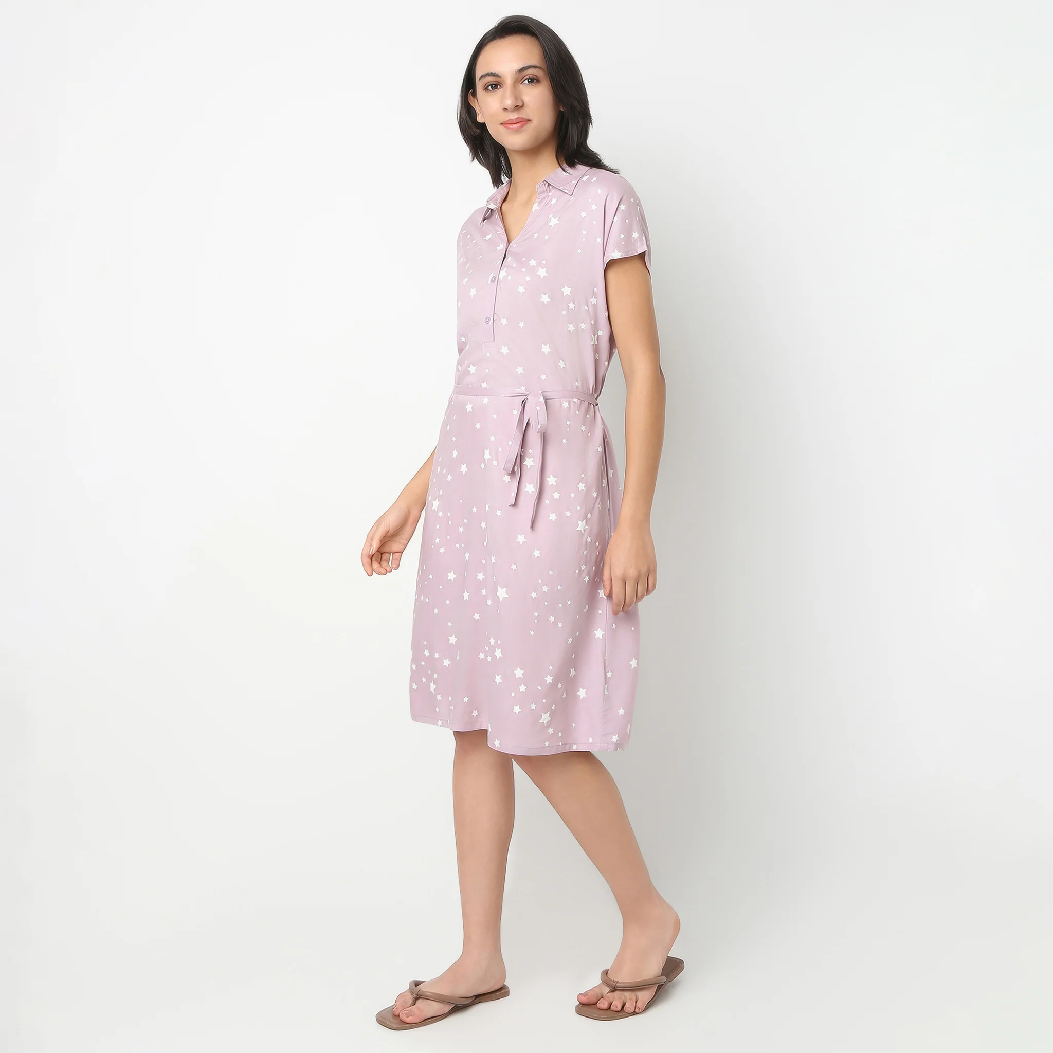 Knee Length All Over Print Night Gown With Waist Tie String - Image 5