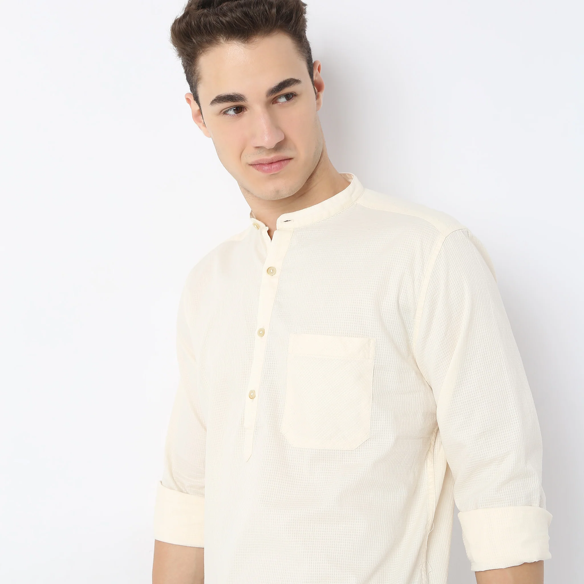 Camper™ Shirt - Cotton Self Structure - Band Collar Regular Fit Shirt - Image 4