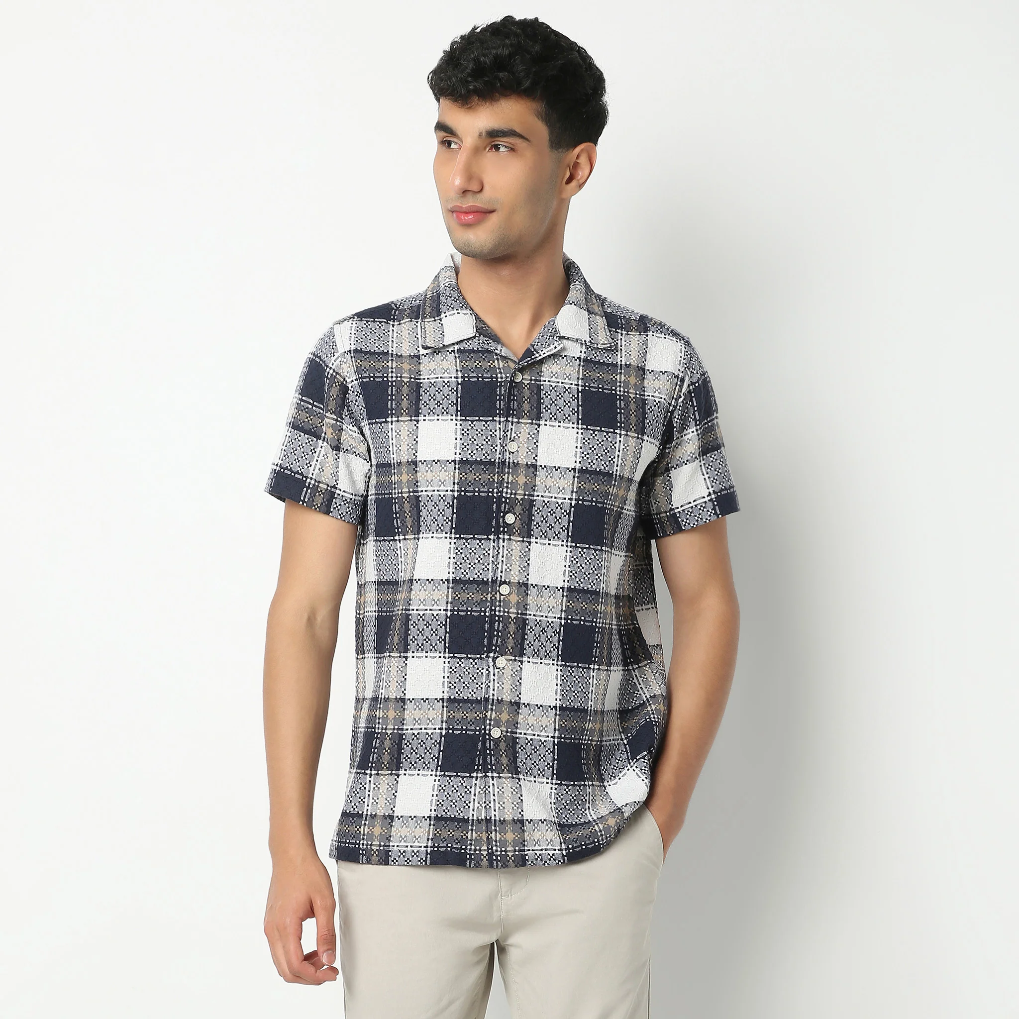 Checkered Camp Collar Shirt Half Sleeve Mood Shirt - Image 2