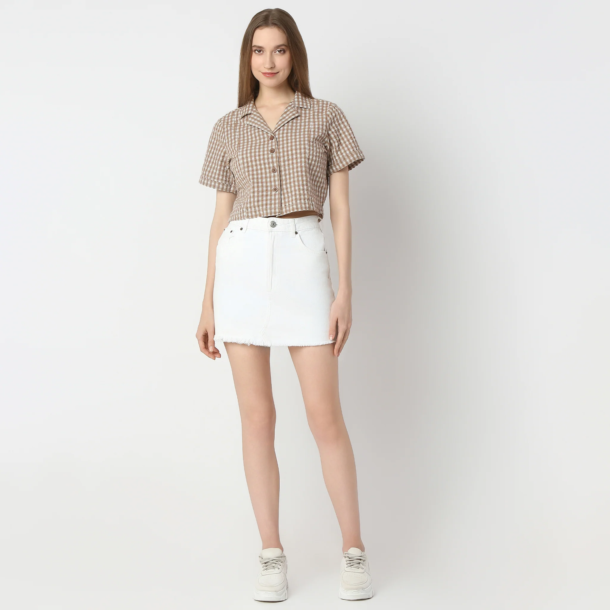 Checkered Lapel Collar Short Sleeve Crop Shirt