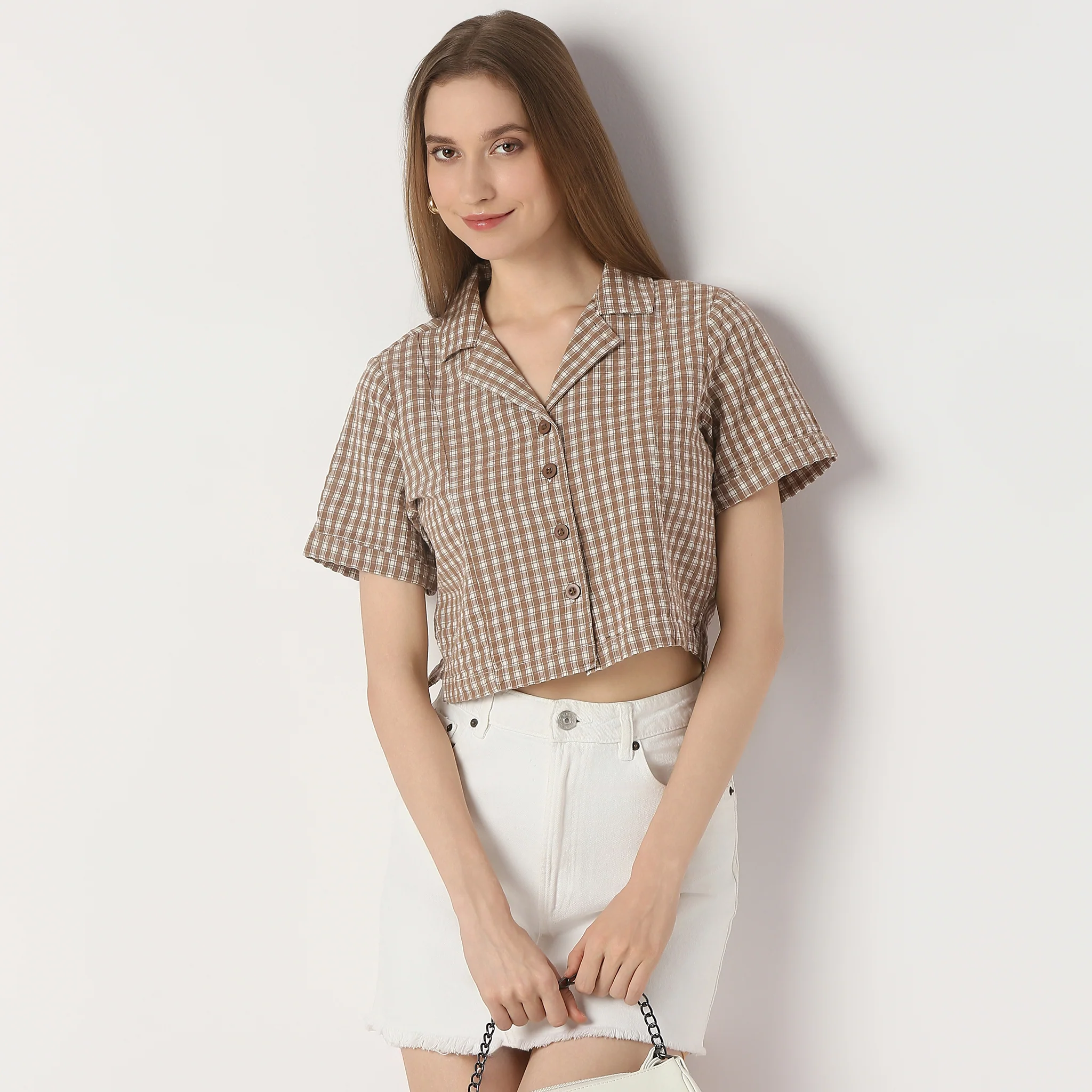 Checkered Lapel Collar Short Sleeve Crop Shirt - Image 2