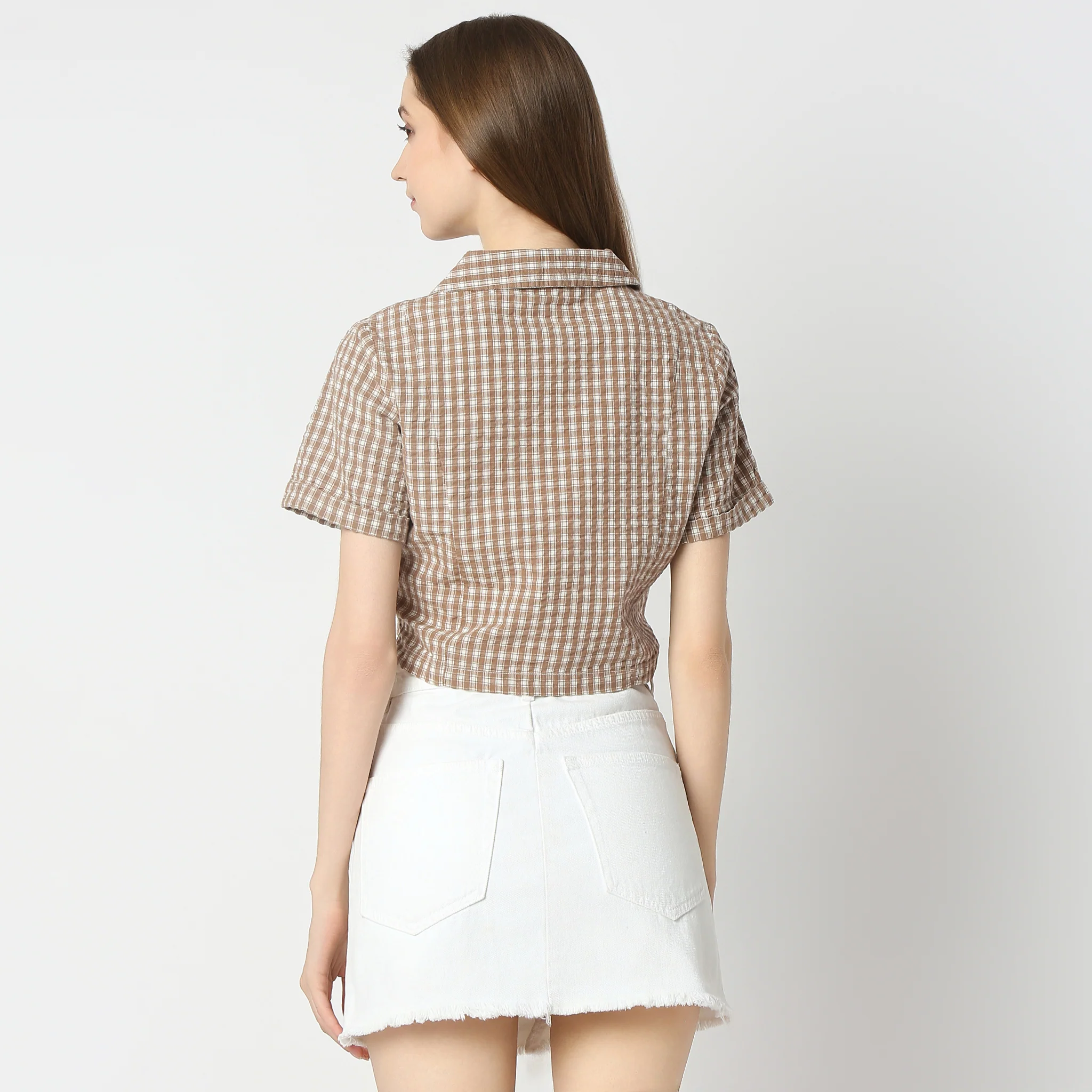 Checkered Lapel Collar Short Sleeve Crop Shirt - Image 3