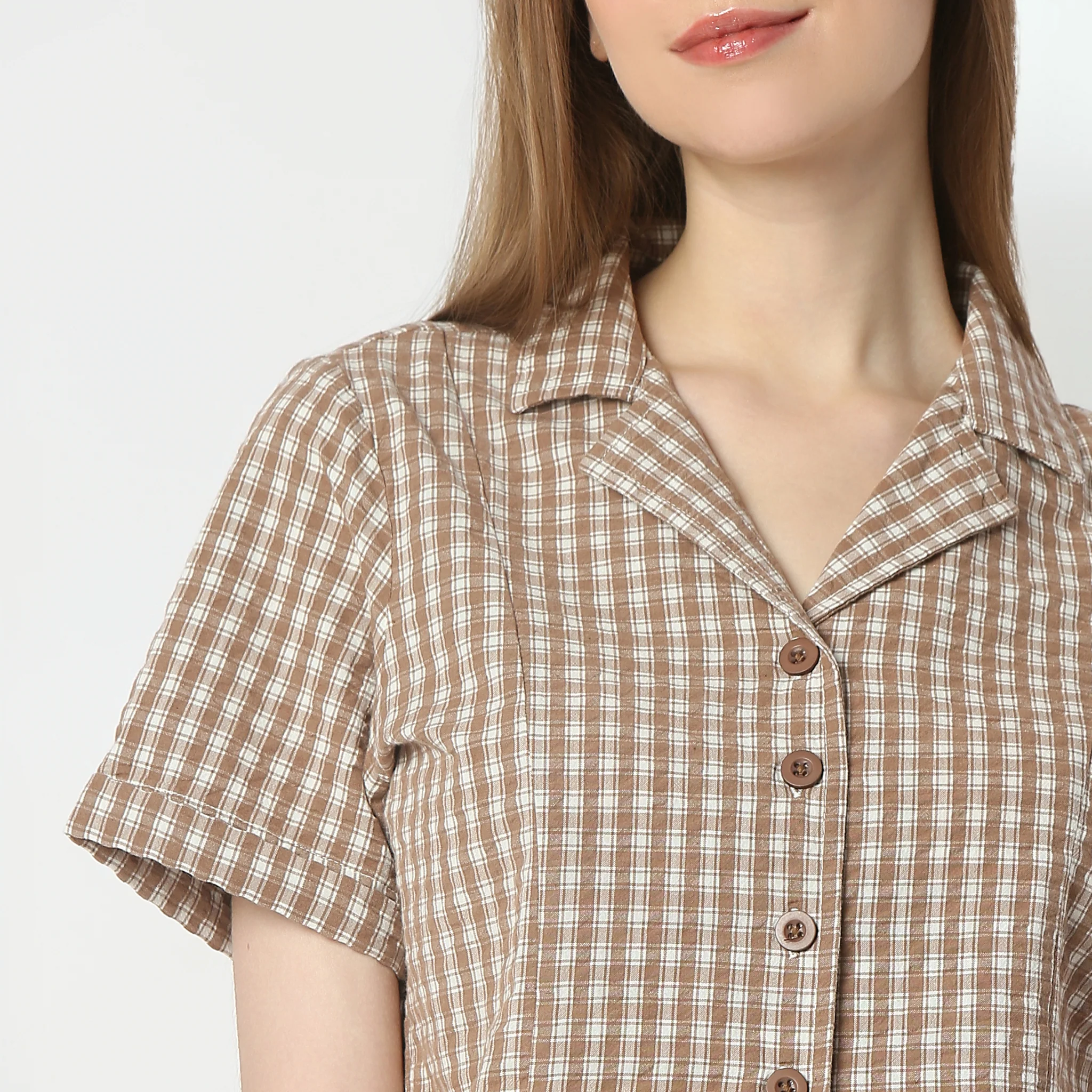 Checkered Lapel Collar Short Sleeve Crop Shirt - Image 4