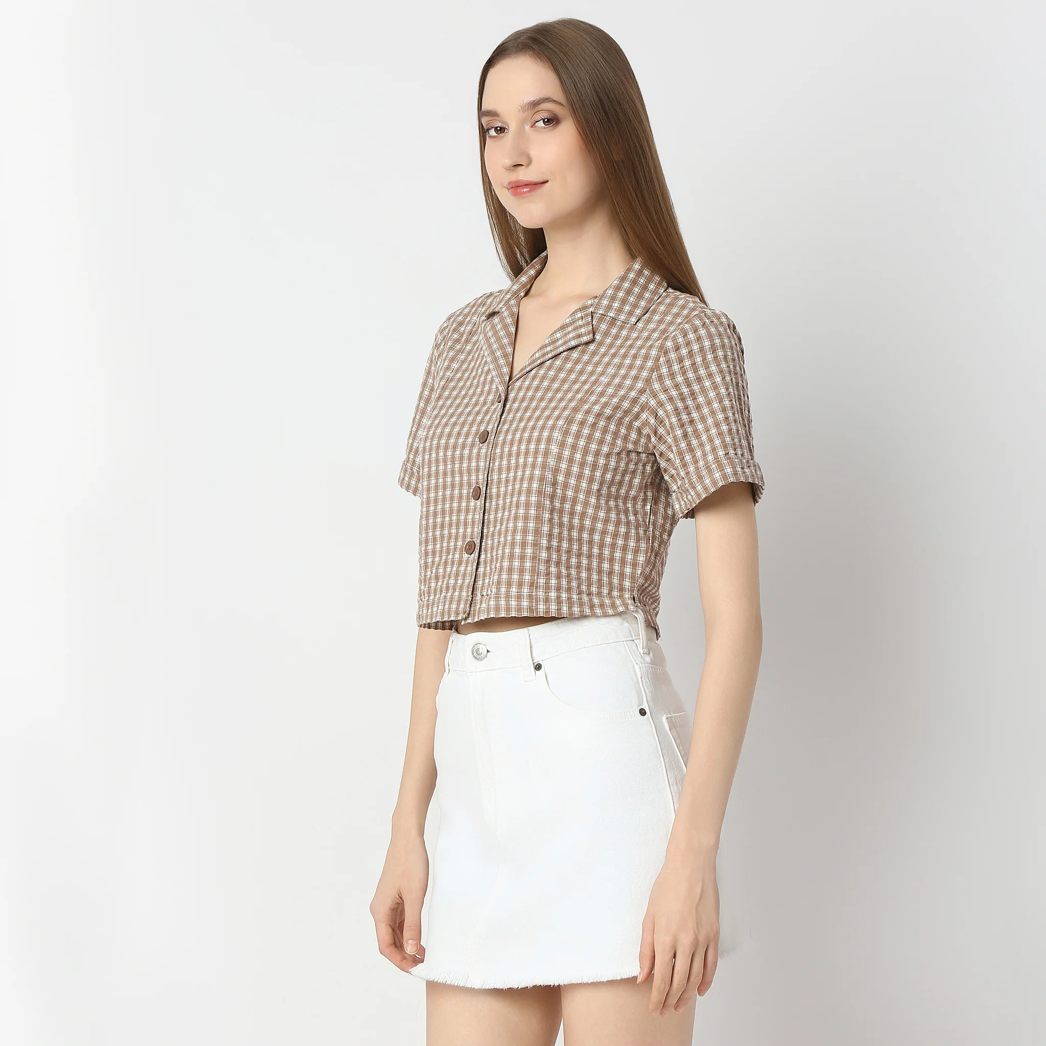 Checkered Lapel Collar Short Sleeve Crop Shirt - Image 5