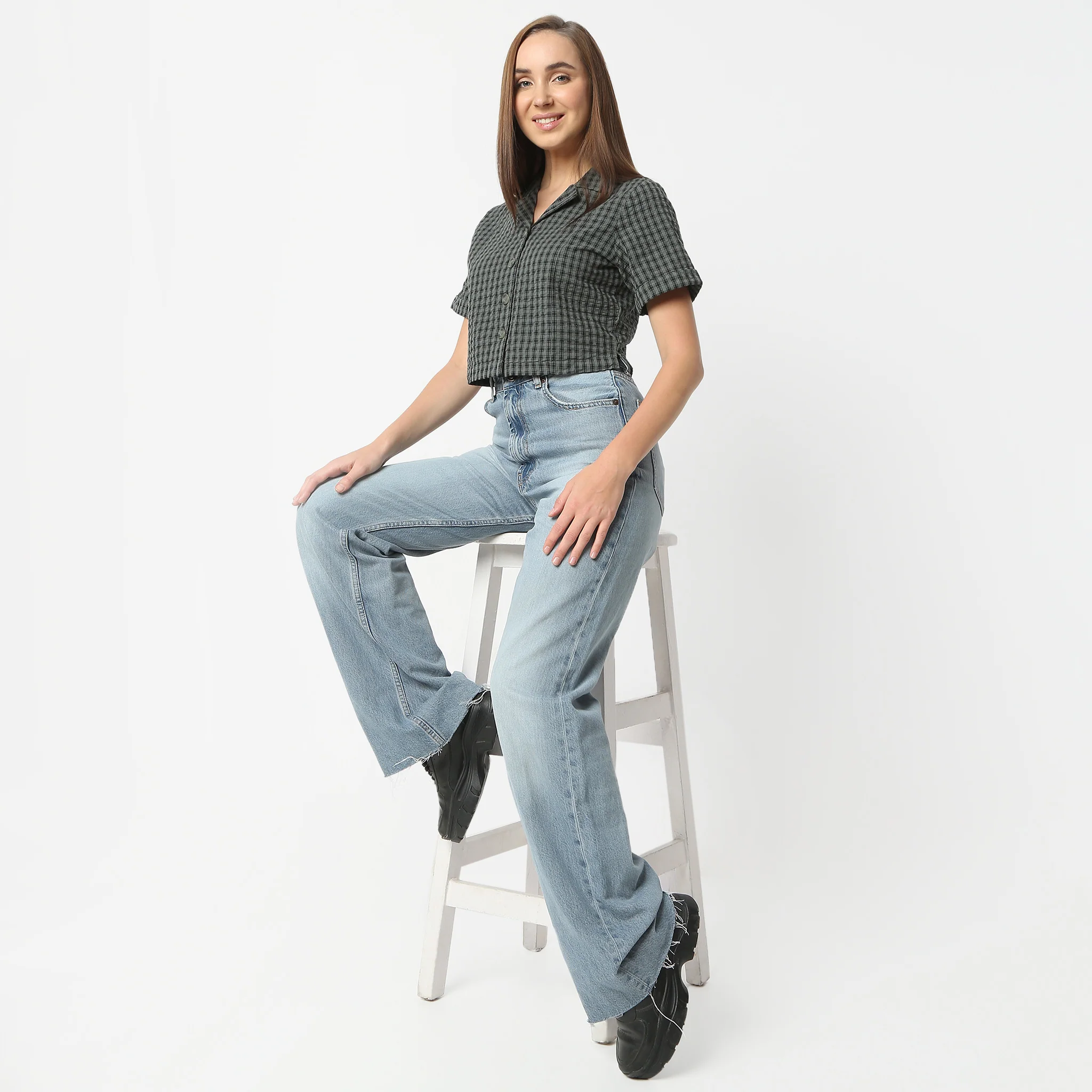 Checkered Lapel Collar Short Sleeve Crop Shirt - Image 6