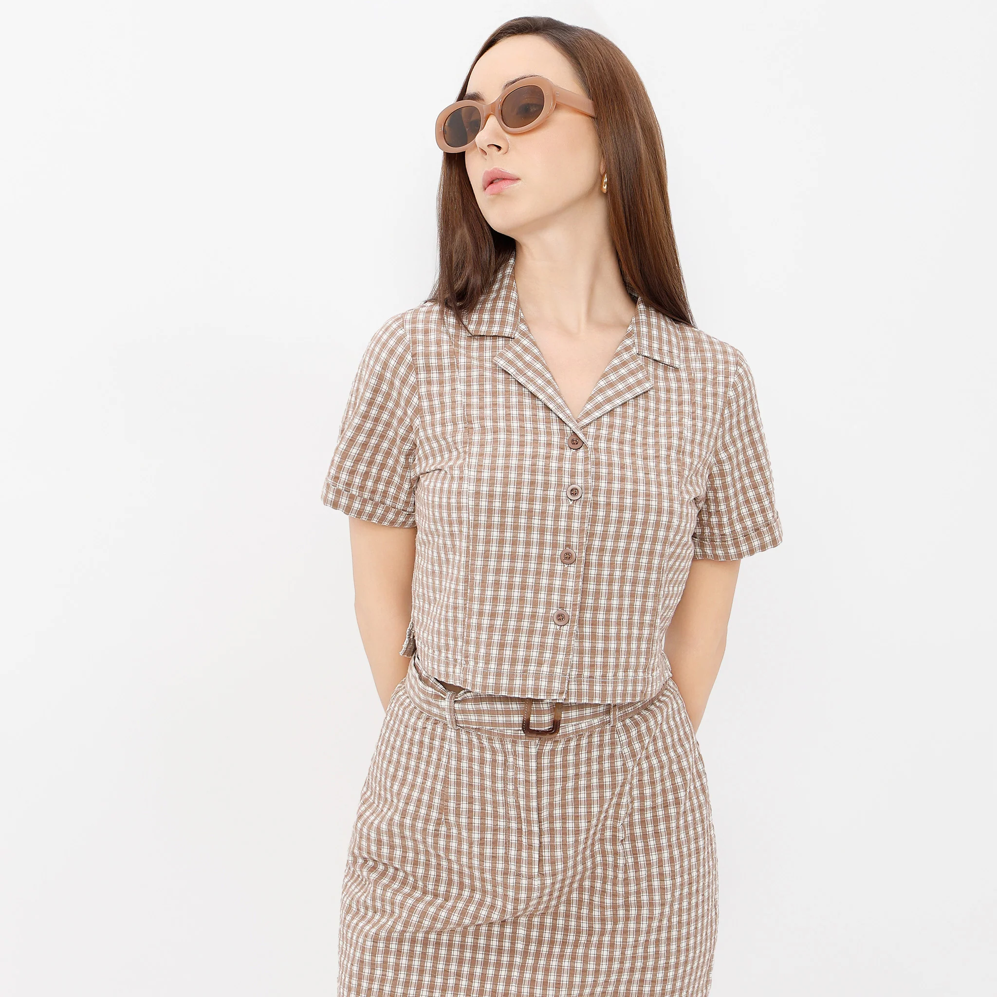 Checkered Lapel Collar Short Sleeve Crop Shirt - Image 8