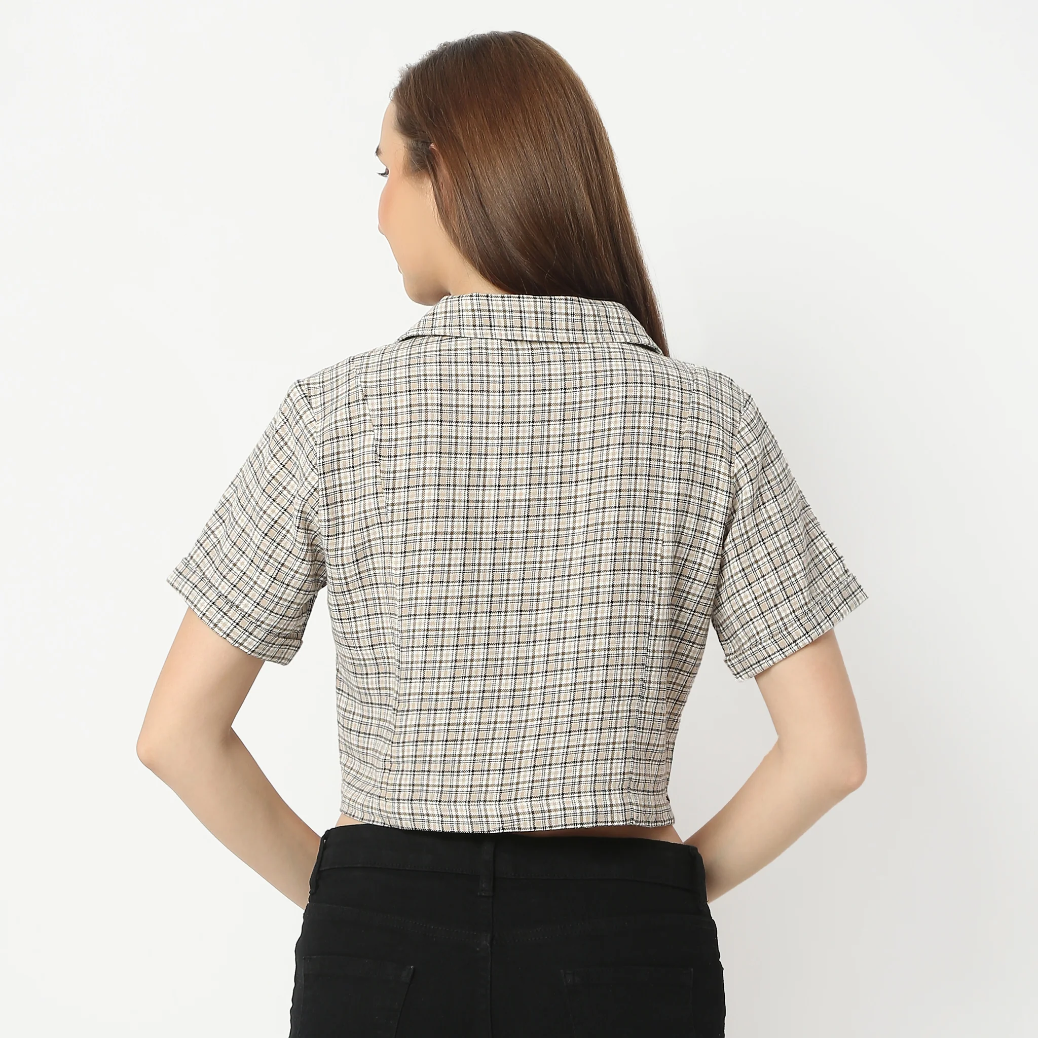 Checkered Lapel Collar Short Sleeve Crop Shirt - Image 3