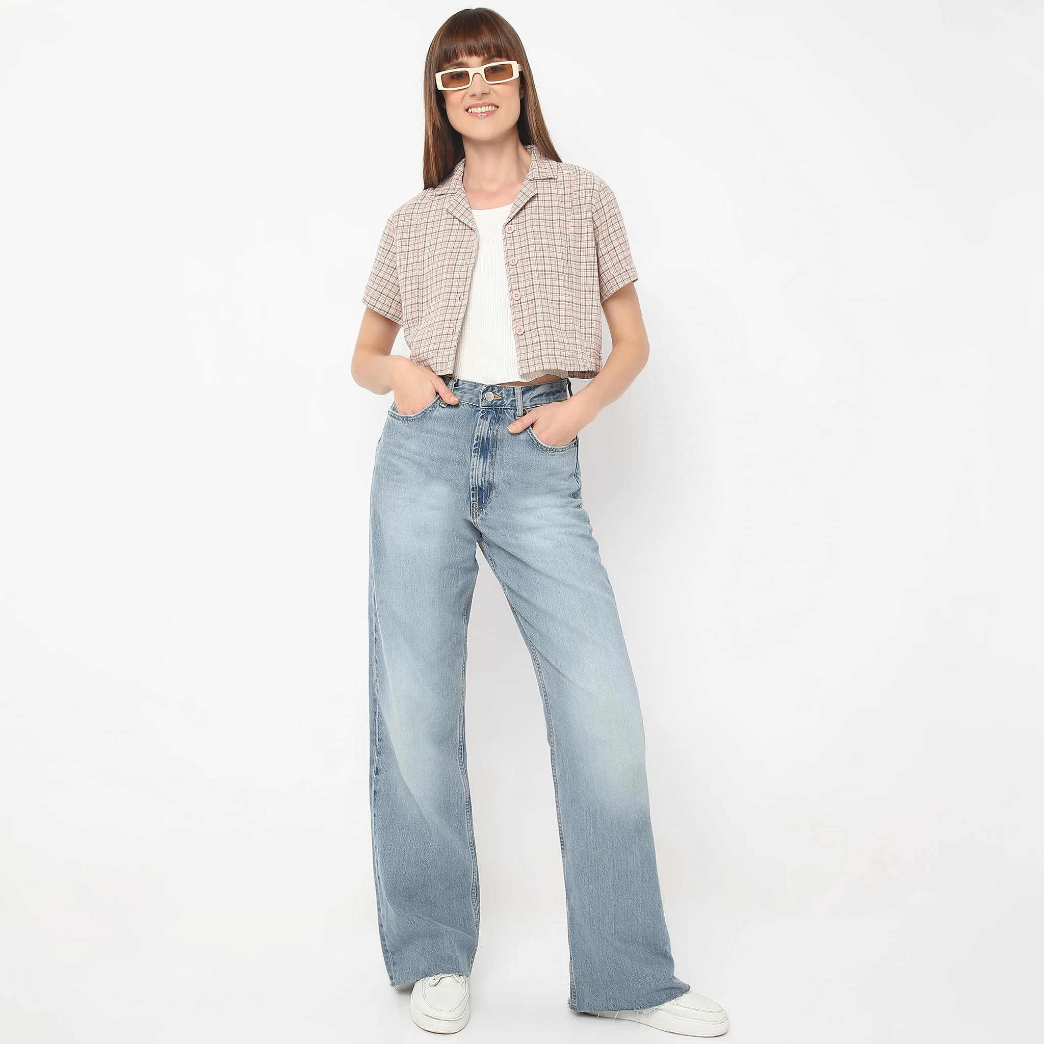 Checkered Lapel Collar Short Sleeve Crop Shirt - Image 6