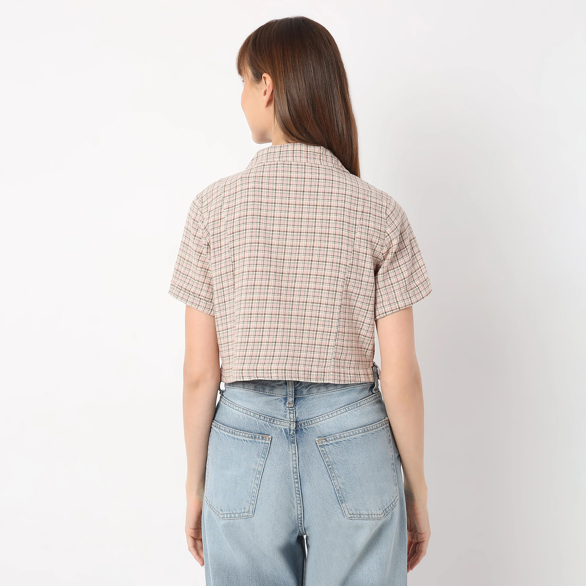 Checkered Lapel Collar Short Sleeve Crop Shirt - Image 8