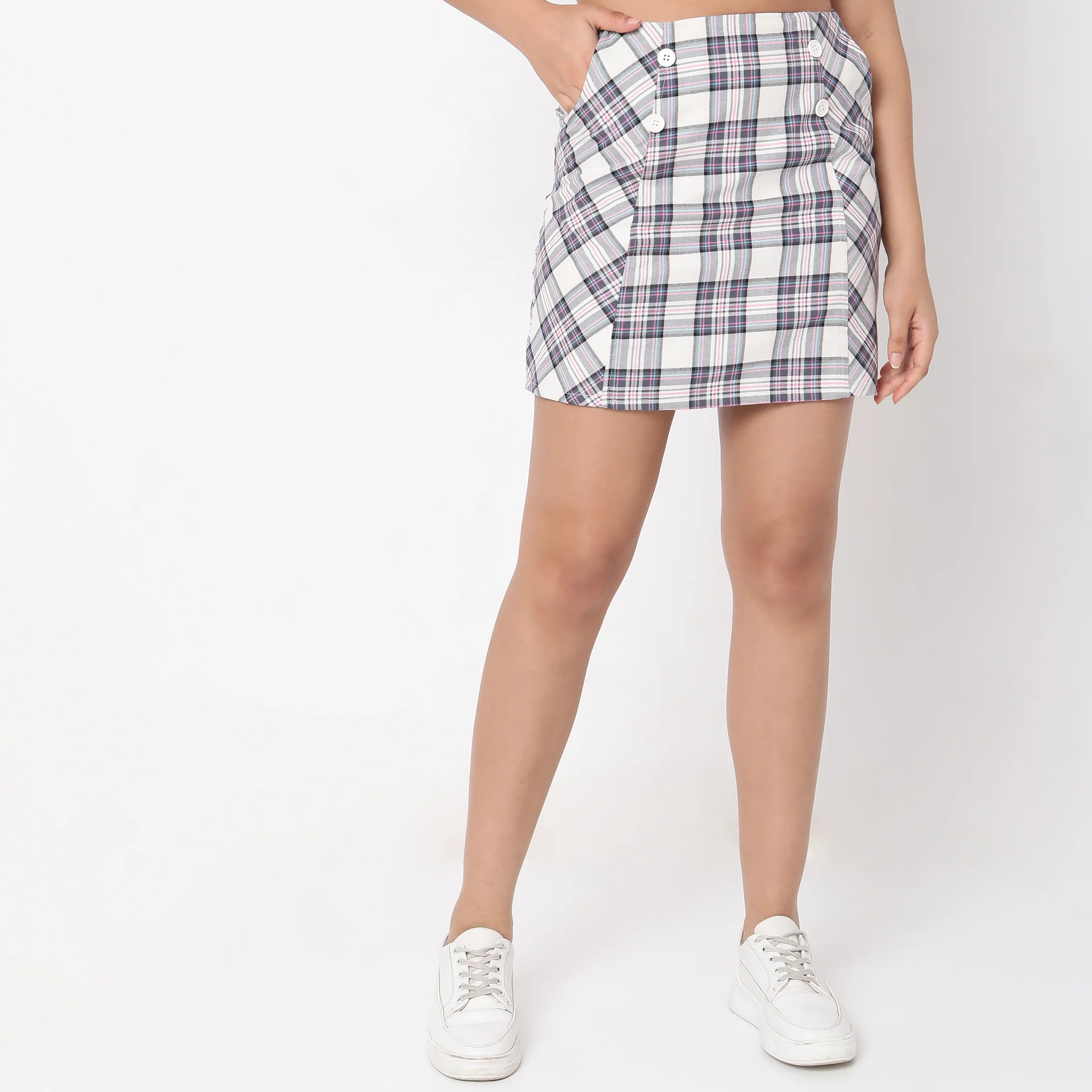 Regular Fit Checkered Mid Rise Skirt - Image 2